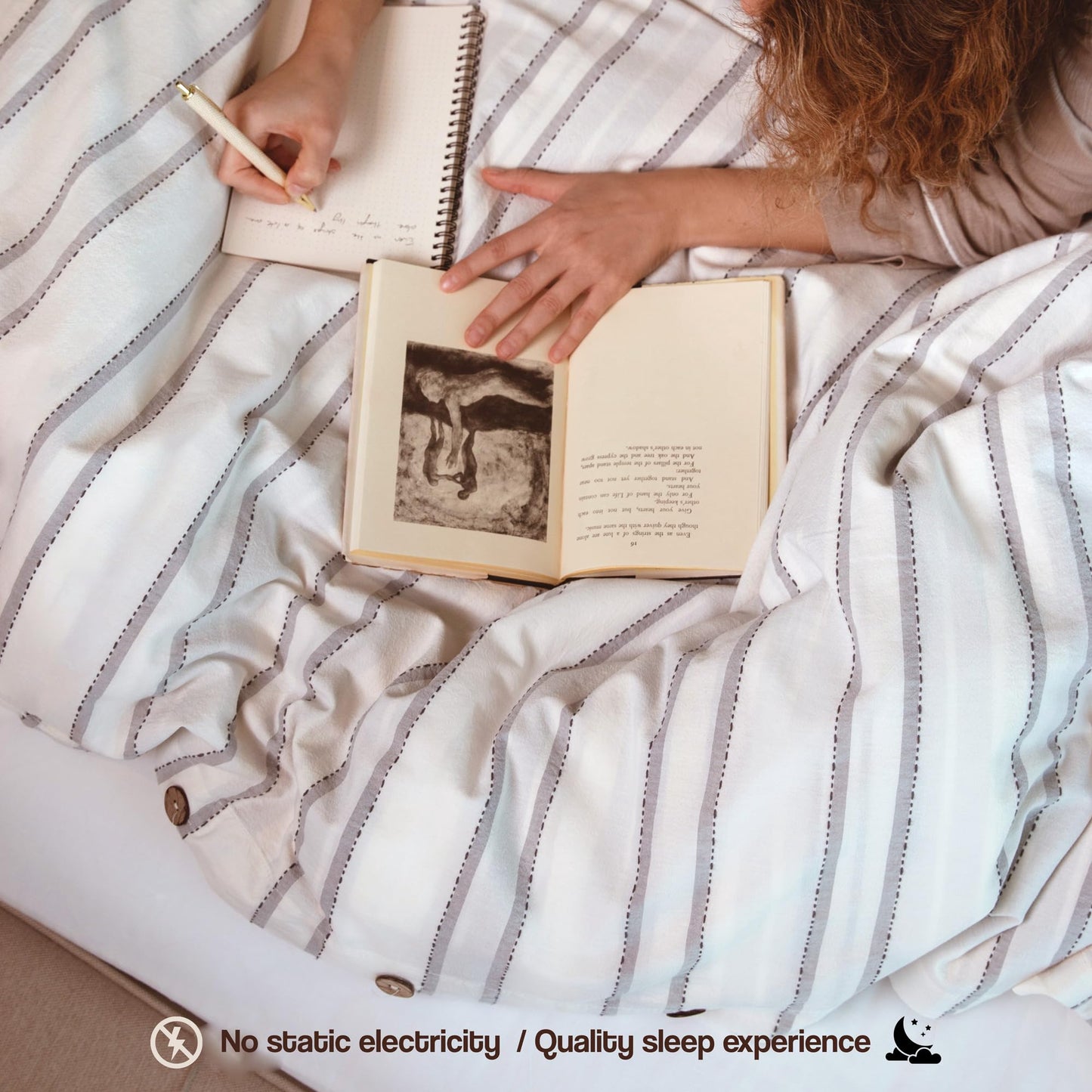 Lavien Home, 100% Cotton Duvet Cover Set, Striped with Stitch Pattern Queen Size, 3-Piece Linen Like and Washed Natural Turkish Cotton Bedding, Antique White (Hiera, Queen 90”x90”)
