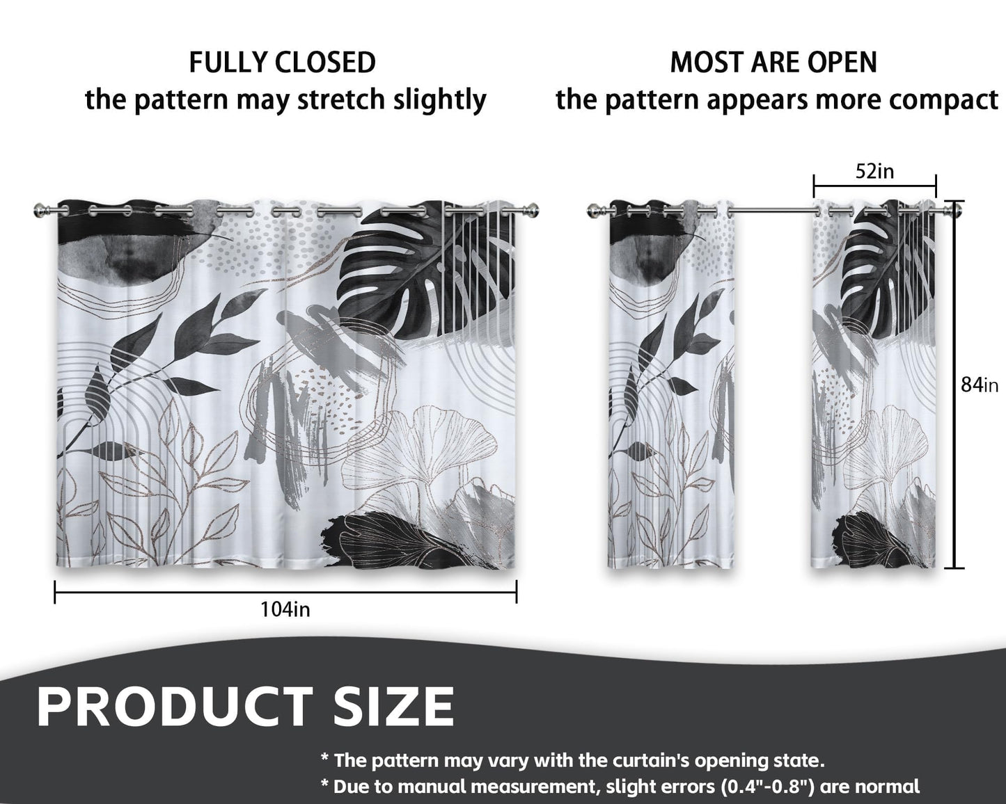 soeeao Boho Grey and White Leaf Blackout Curtains, Bohemian Mid Century Modern Black and Charcoal Gray Palm Window Drapes for Bedroom Living Room, 84 inch Length 2 Panels Set, 52x84 inch