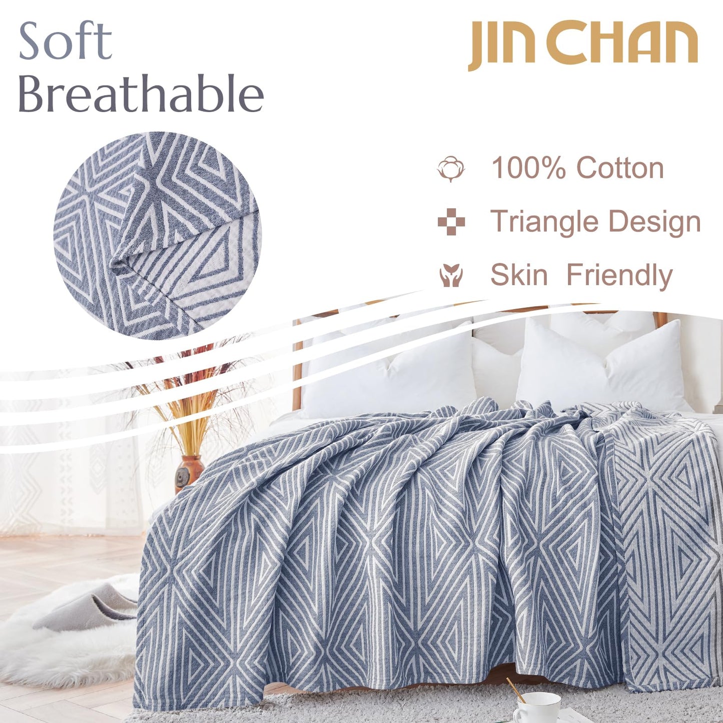 jinchan Boho 100% Cotton Blanket Muslin Twin Size 60x80 Inches Lightweight 3-Layer Geometric Cross Pattern Reversible Quilt Coverlet Throw Soft Breathable Comfy All Seasons for Couch Bed Decor, Blue