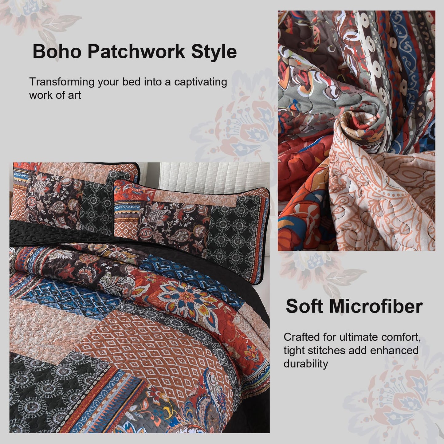 DJY Patchwork Quilt Set King Size Boho Bedspread Coverlet, Black Coral 3 Pieces Paisley Floral Quilted Bedding Set, Lightweight Bohemian Farmhouse Reversible Bed Cover for All Season 110''x90''