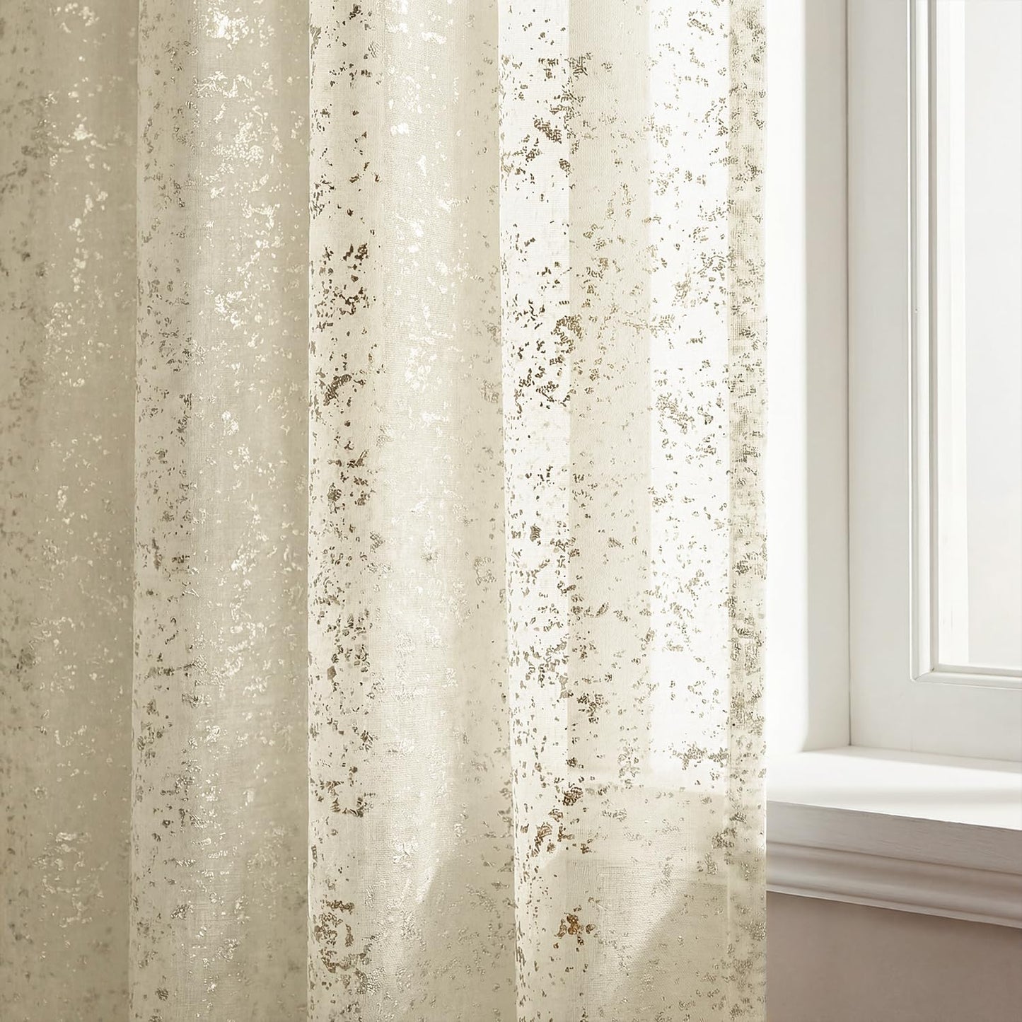 Horaldaily Beige Sheer Curtains for Living Room and Bedroom, Sliver Sequin Glitter Metallic Foil, Scenery Light Filtering Window Curtains, 52" W x 84" L, Set of 2 Curtain Panels