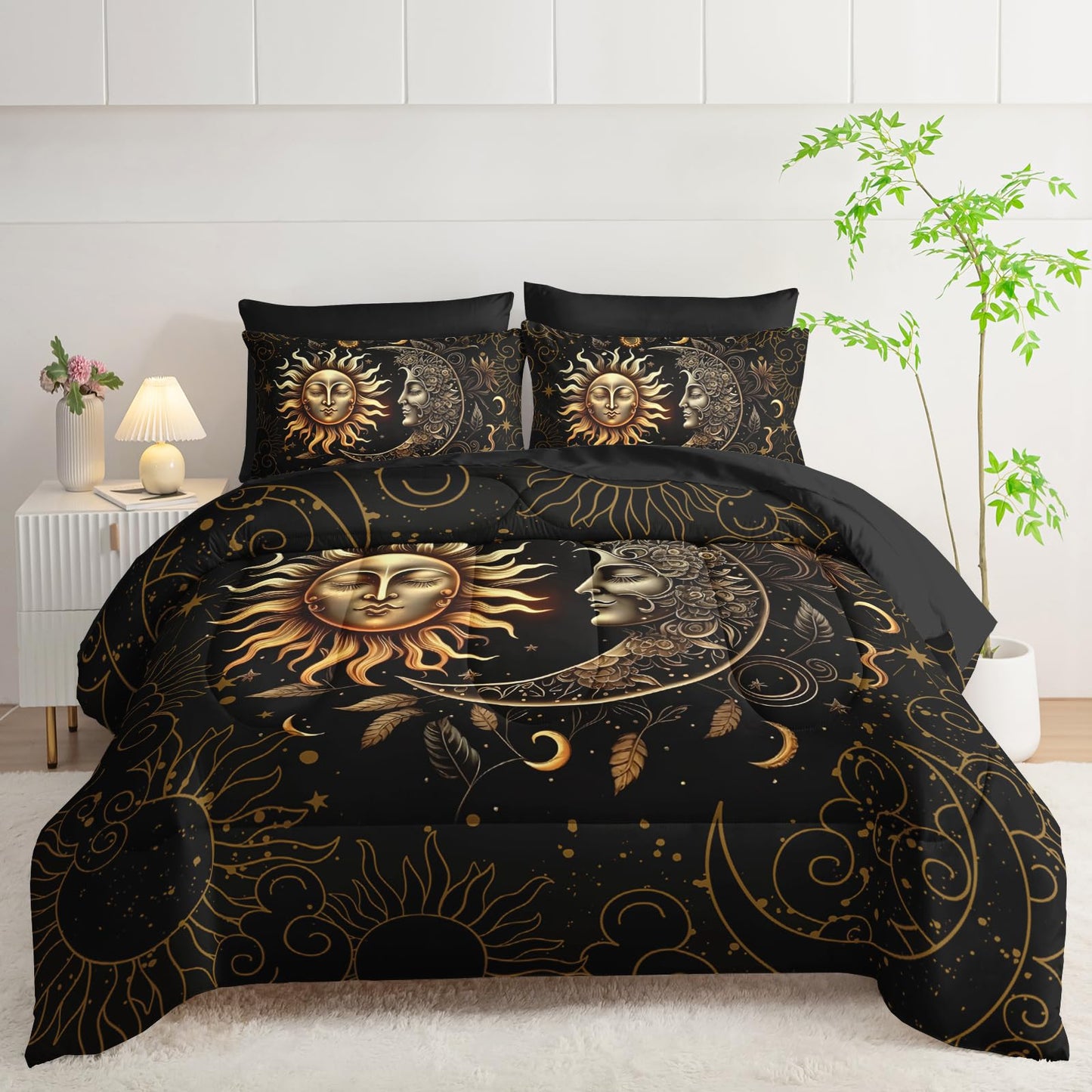 AILONEN Sun and Moon Comforter Set Twin - 7Pcs Soft Black Gold Boho Bed in a Bag -Including Comforter,Fitted Sheet,Flat Sheet,2 Pillowcases,2 Pillow Shams for Room