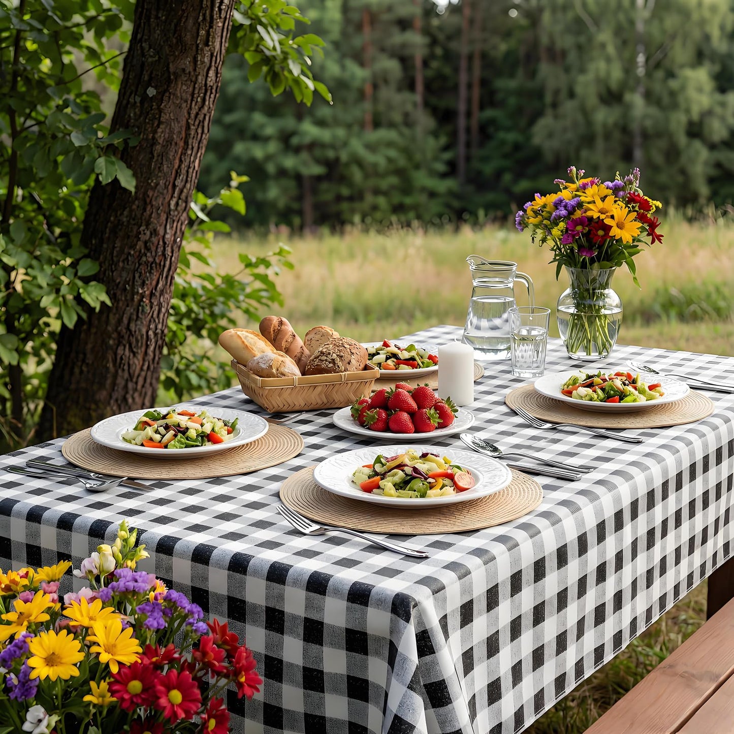 vortiara 52'' X 70'' Checkered Tablecloth Disposable Vinyl Tablecloths with Flannel Backing Wipeable Spillproof Plastic Table Cover PVC Waterproof Table Cloth for Indoor Outdoor