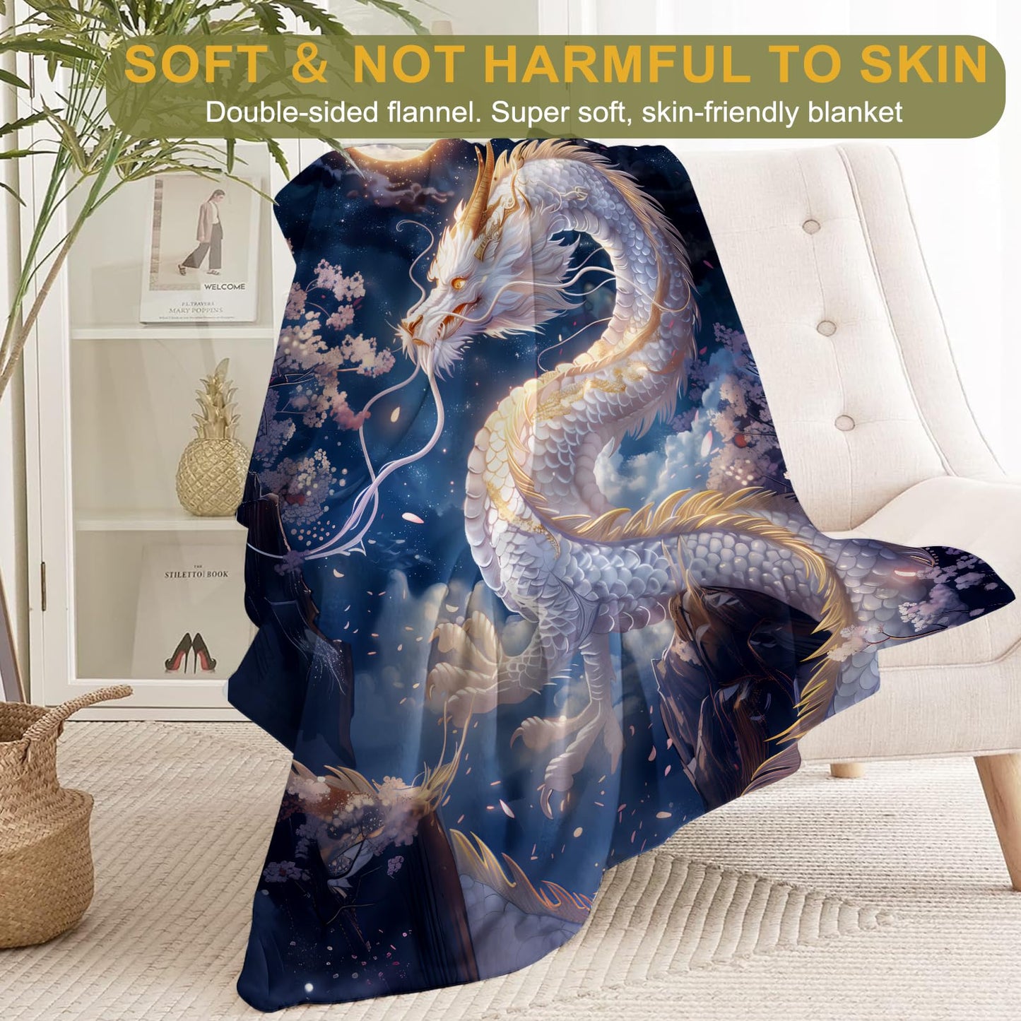 ainori Cool White Dragon Flannel Blanket - Mystical Moon and Cherry Blossom Throw,Gifts for Women & Animal Lovers, Ultra Soft & Warm,Lightweight,for Couch Bedroom Living Room Boho Decor 50x60in