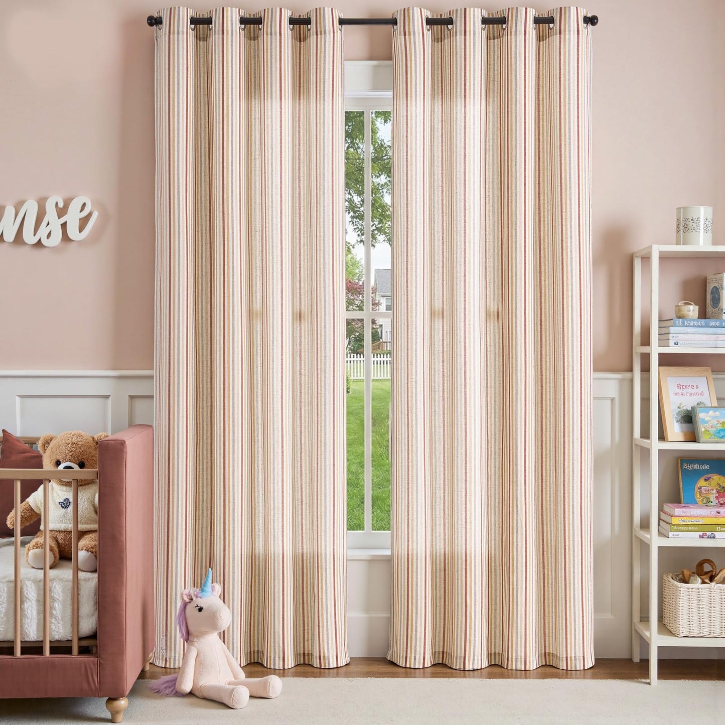 jinchan Linen Curtains for Nursery Bedroom 84 Inch Long Multi Red on Beige Striped Curtains for Living Room Cute Ticking Stripe Farmhouse Baby Girl Kids Room Light Filtering Grommet Drapes 2 Panels