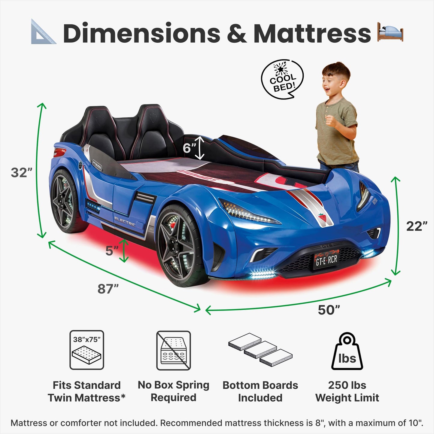 Cilek GTS EV Twin Race Car Bed for Boys with Remote Control, LED Lights & Sounds, Vegan Leather Headboard, Guardrails, Non-Toxic, Fits Twin Mattress, 250 lbs. Capacity, Suitable for ages 3-12, Blue