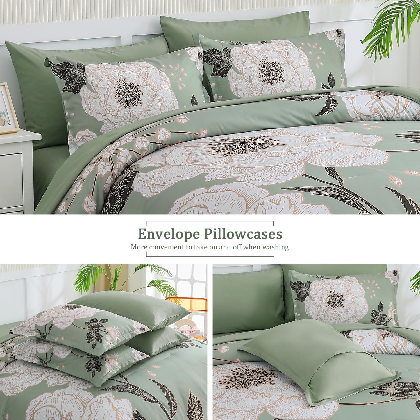 Luxudecor Floral Queen Comforter Set 7 Pieces Bed in a Bag, White Flower Print on Green Bedding Set, Soft Reversible Comforter with Sheet Set 90"x90"