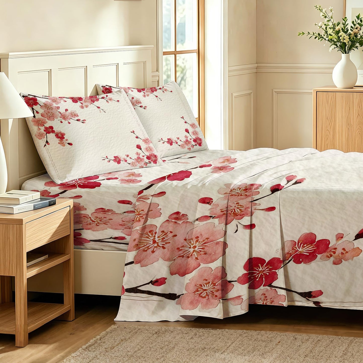 Cherry Blossom Full Sheet Set Japanese Red Flower Flat Fitted Sheet Sets