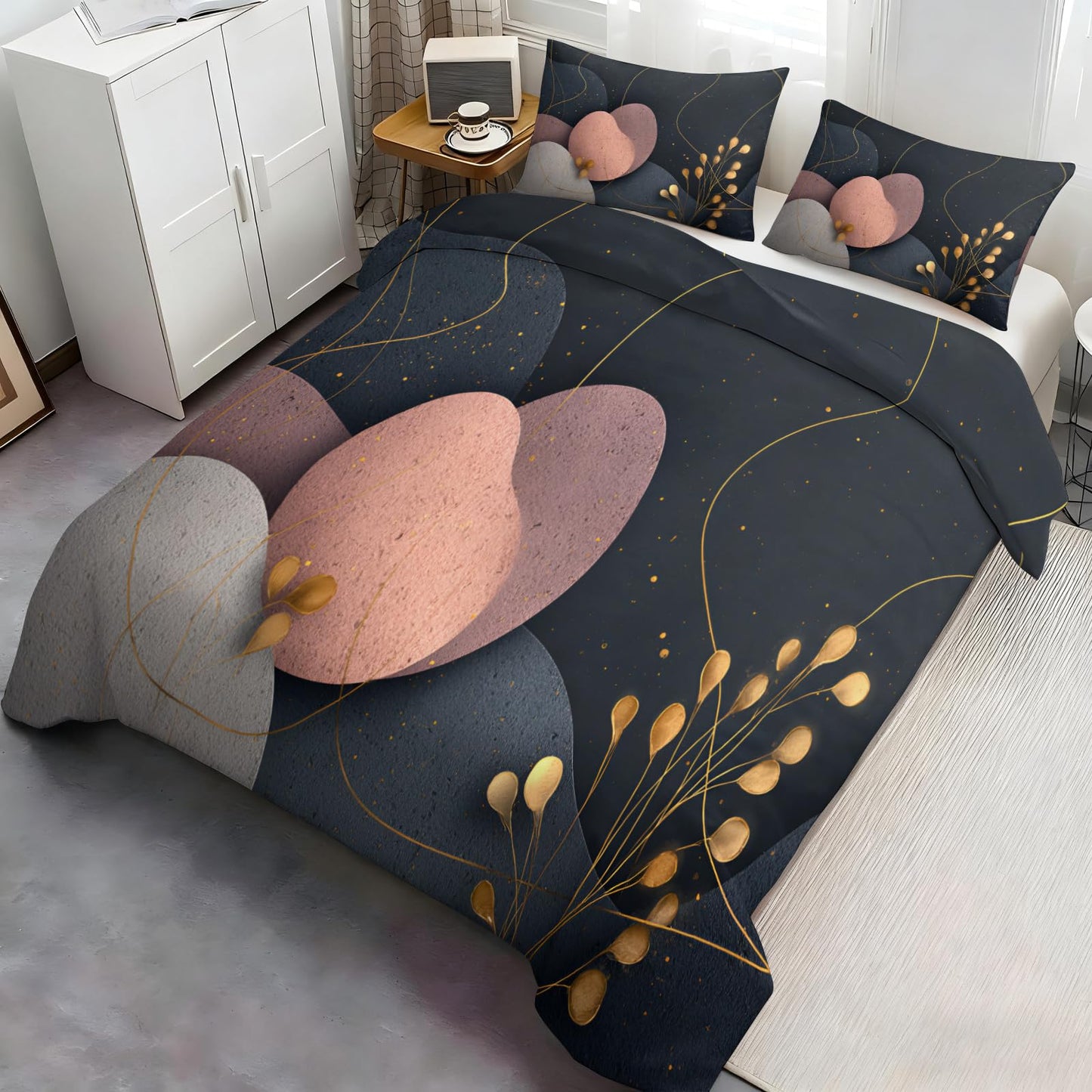 ZAOMIR Mid Century Modern Abstract Duvet Cover Queen Size, Dark Gray Black Rose Pink Geometric Bedding Set 3 Piece, Abstract Geometric Botanical Patterned Comforter Cover with Zipper, 2 Pillowcases