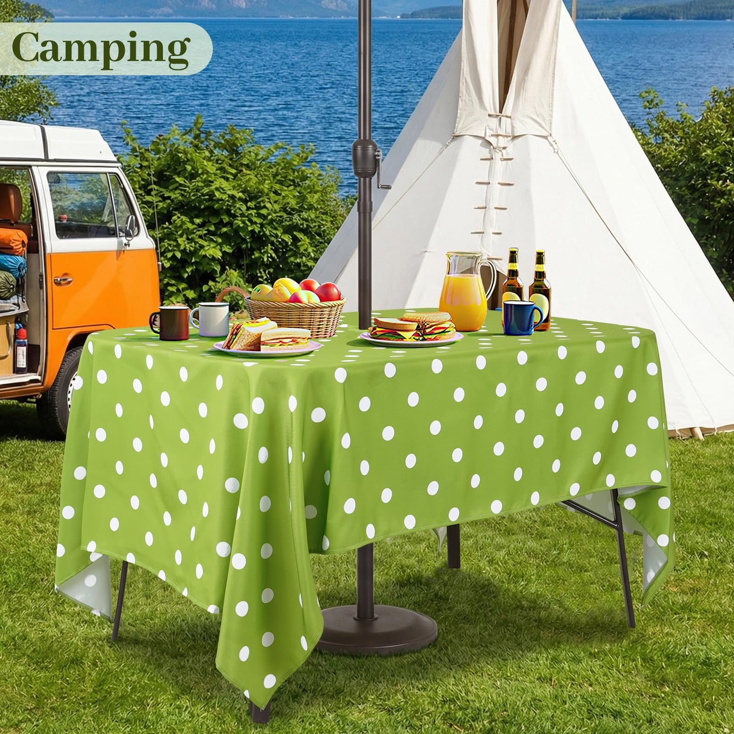 Eternal Beauty 60X 84” Rectangle Tablecloth Waterproof Outdoor Tablecloth with Umbrella Hole Zipper for Patio Spring Summer Picnic Tables (Green Polka Dot)