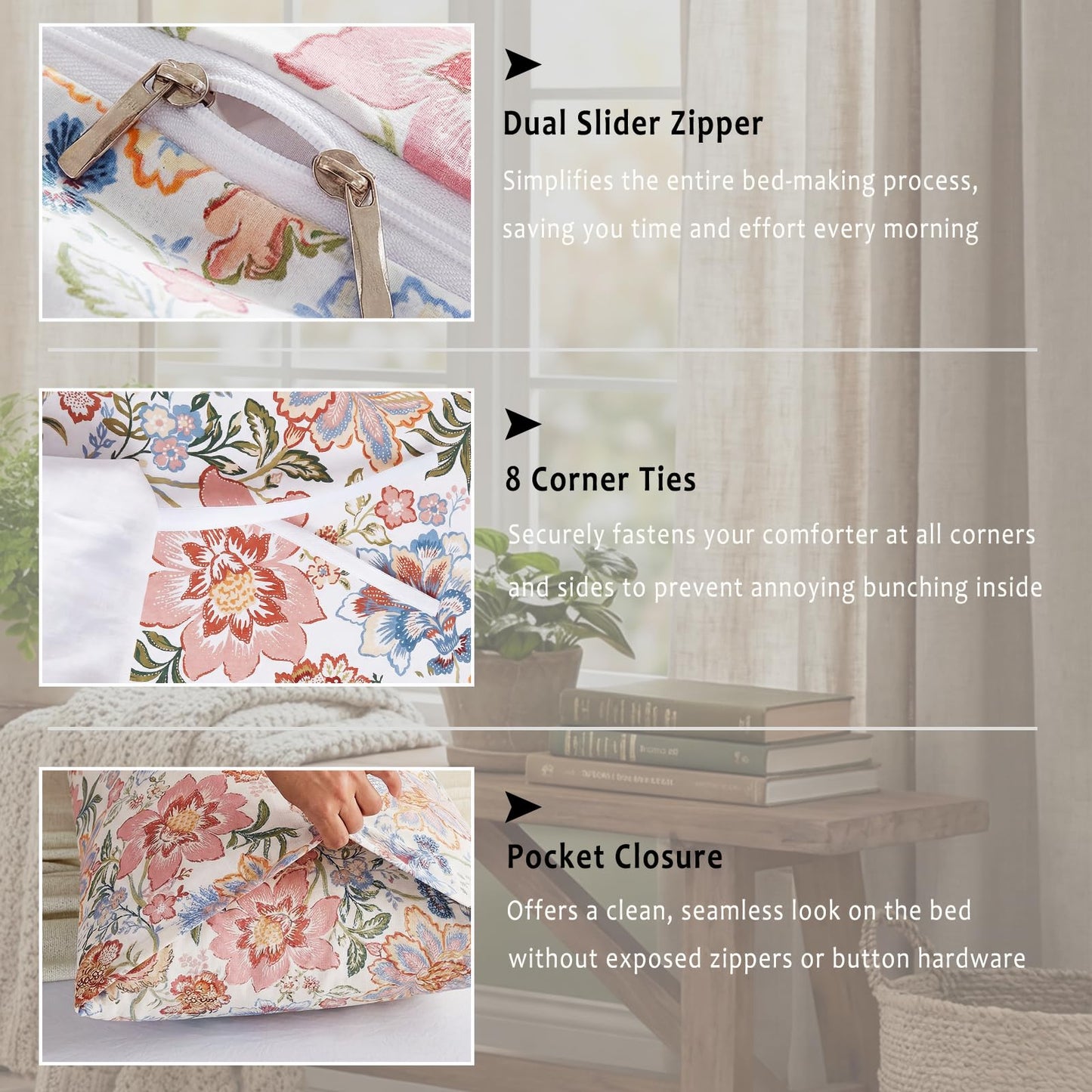 Bedorm Queen Duvet Cover 100% Cotton Floral Bedding Set with Zipper Closure Vintage Flower Leaf Botanical Bedding Soft & Durable French Country Duvet Cover Set