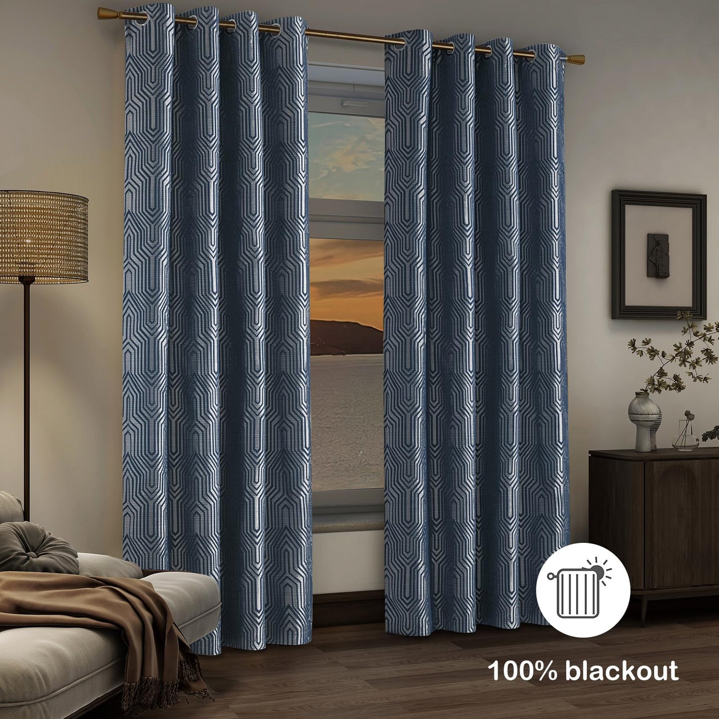 Indigo Blue and Silvery 100% Blackout Jacquard Geometric Pattern Curtains,52 Inch Wide 96 Inch Length 2 Panels, Thermal Insulated Noise Reducing Anti-Rust Grommet Drapes for Bedroom Living Room