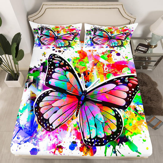 Feelyou Butterfly Bedding Set for Girls Boys Children Rainbow Butterfly Print Fitted Sheet Decorative Flying s Pattern Bed Sheet Set 3D Animal Theme Bed Cover Colorful Twin Size 2Pcs