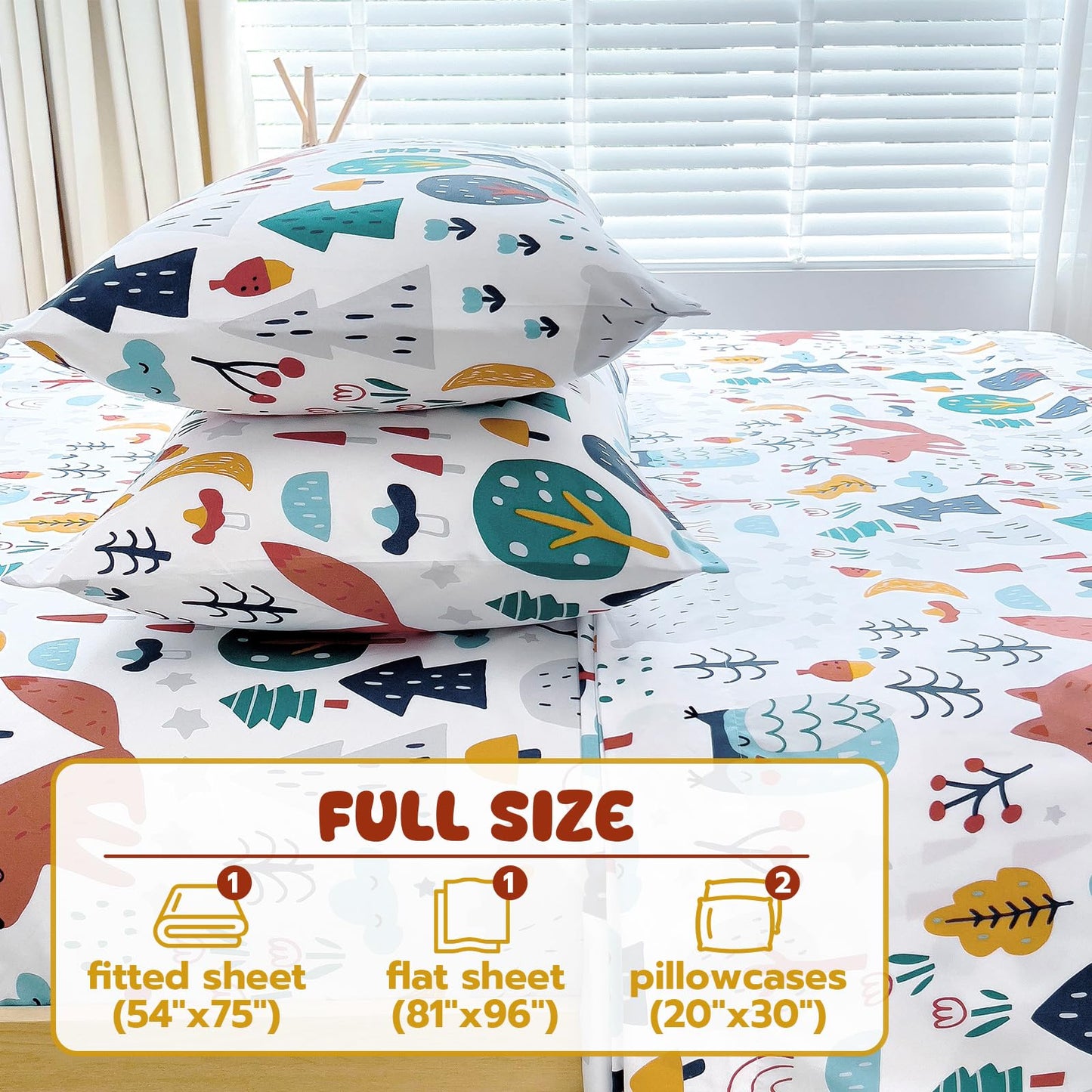 Homilay Full Sheet Set Kids - Cute Fox 4 Pieces Soft Microfiber Cartoon Style Bedsheets for Boys Girls Teens, Oeko TEX Breathable 15 Inch Deep Pocket Sheets(Forest)