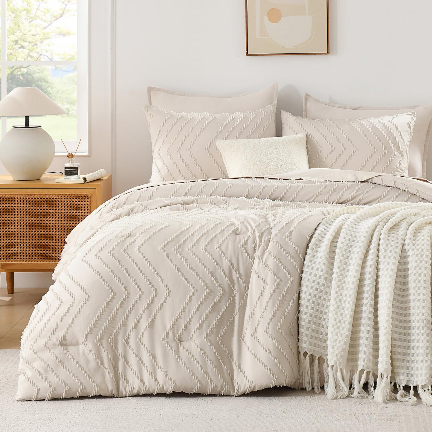 Andency Twin/Twin XL Comforter Set Beige, Twin Bed Comforter for College Dorm Girls Boys Kids Boho Cream Soft Warm Cute Neutral Comforter, 2 Pieces Aesthetic Chevron Bohemian Bedding Set