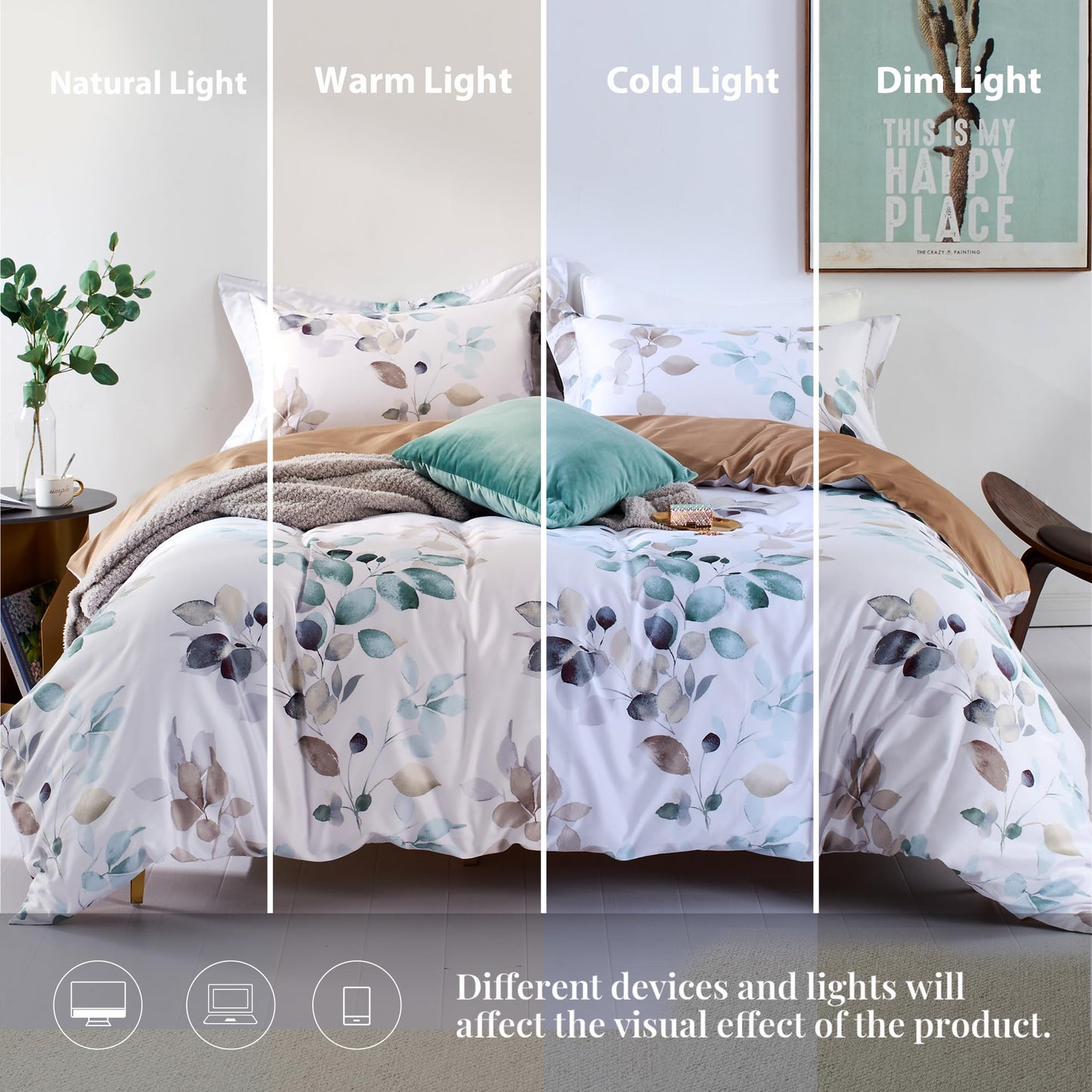 MILDLY Floral Duvet Cover Set - 100% Long-Staple Cotton Green Leaves Pattern Printed Comforter Cover 3pcs Soft Breathable Luxury Lightweigt Bedding for All Season
