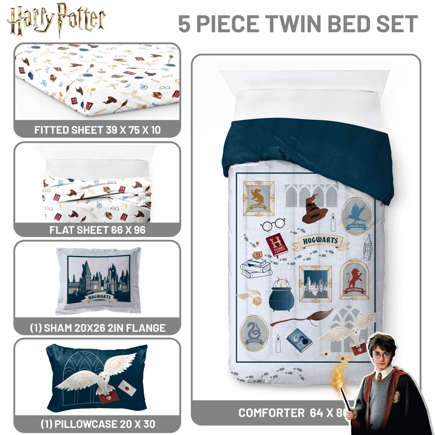 Jay Franco Kids Bed Set, Dark Grey, Harry Potter, 5 Piece Twin