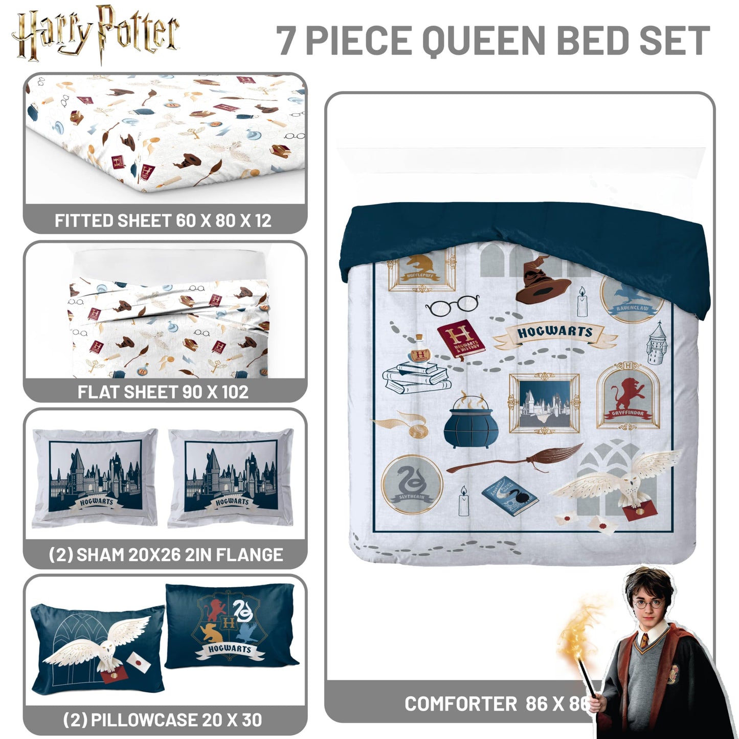 Jay Franco Kids Bed Set, Dark Grey, Harry Potter, 7 Piece Queen