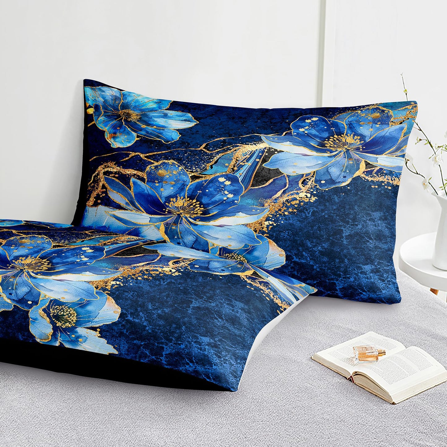 Bedorm Blue Marble Comforter Set Queen Floral Bedding Set Blue and Black Marble Stone Natural Texture Abstract Bedroom Comforter Set with Marble Pillowcases