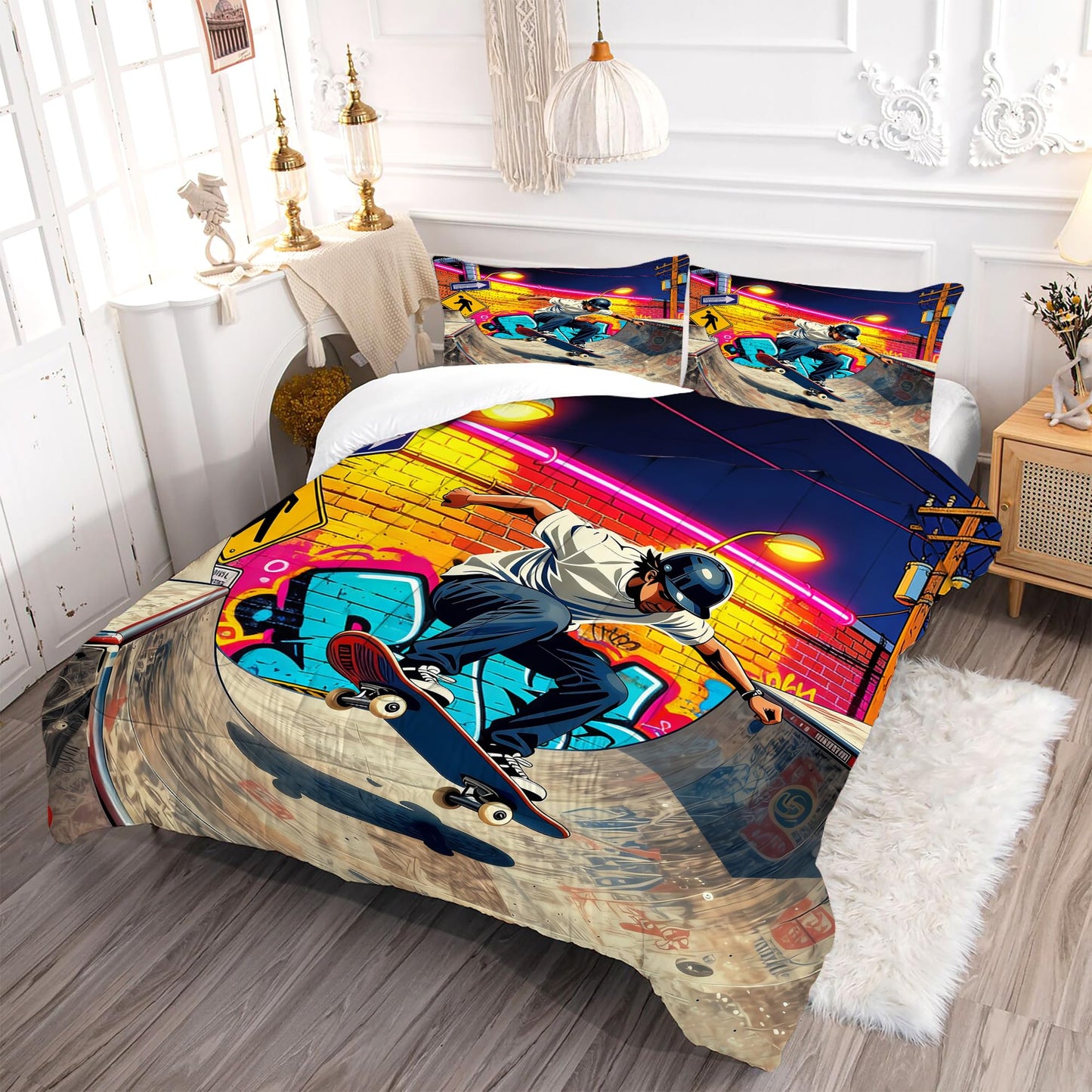 VTKON Skateboard Comforter Set for Teens Queen 3Pcs with 1 Comforter and 2 Pillowcases Cool Graffiti Bedding Set Boys Sports Themed Bed Sets Microfiber for All Season