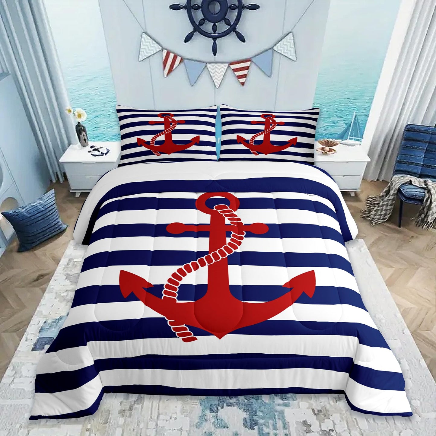 Geometric Stripes Comforter Set Twin Size,Nautical Anchor Bedding Sets 2Pcs Kids Boys Bedroom Decor 1 Pillowcase Ocean Adventure Theme Quilted Duvet Modern Navy Blue Red Bedspread Comforter