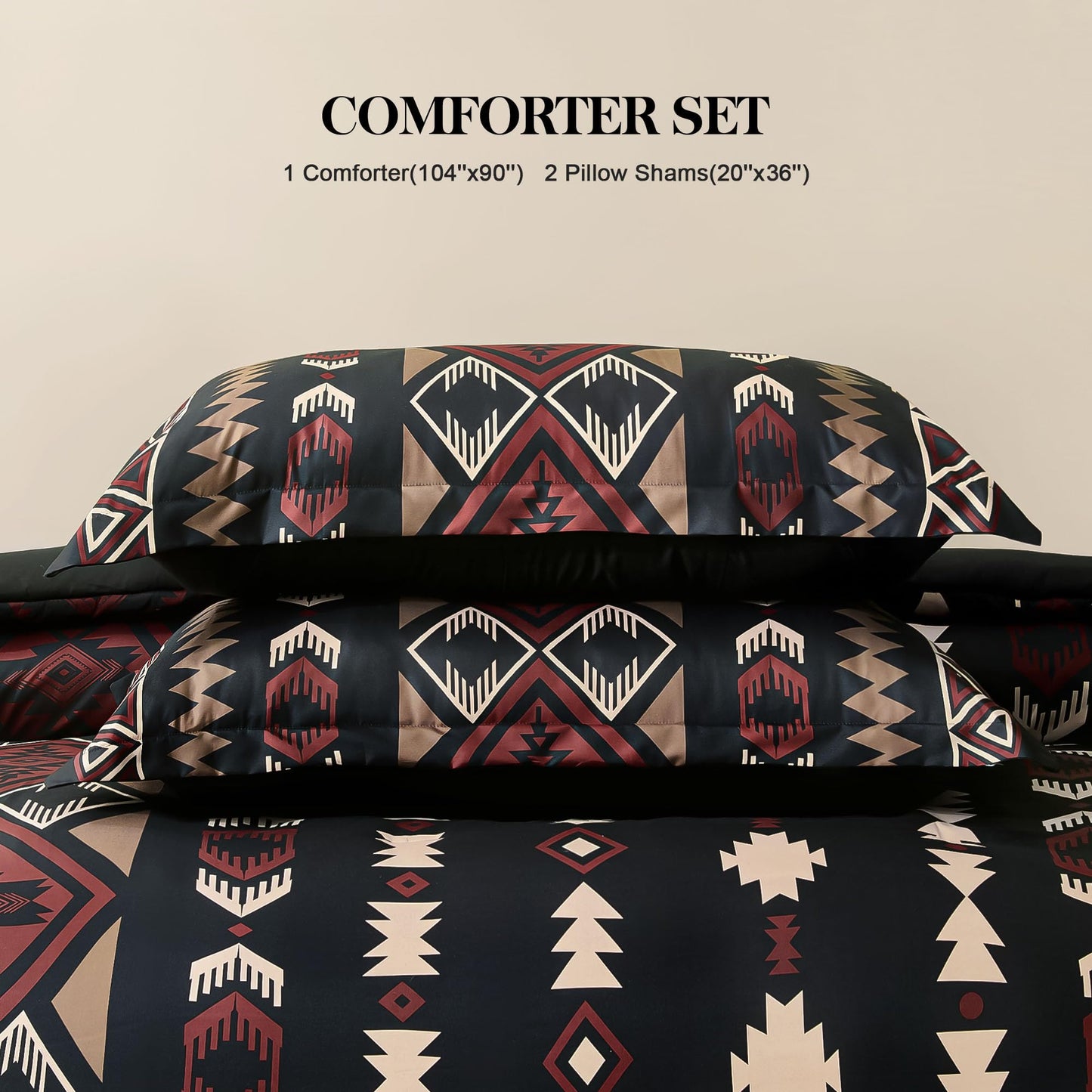 Tyrot King Comforter Set – 3 Piece Black Red Boho Aztec Bedding, Western Southwestern Style Comforter Sets, Soft Lightweight Comforter for All Seasons, 1 Comforter & 2 Pillow Shams