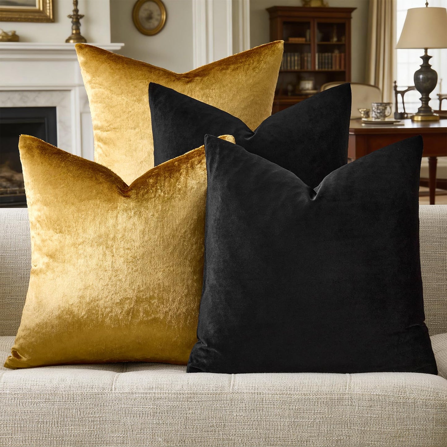 GIGIZAZA Decorative Throw Pillow Covers 18 x 18,Gold Black Soft, Set of 4 Square Velvet Cushion Covers