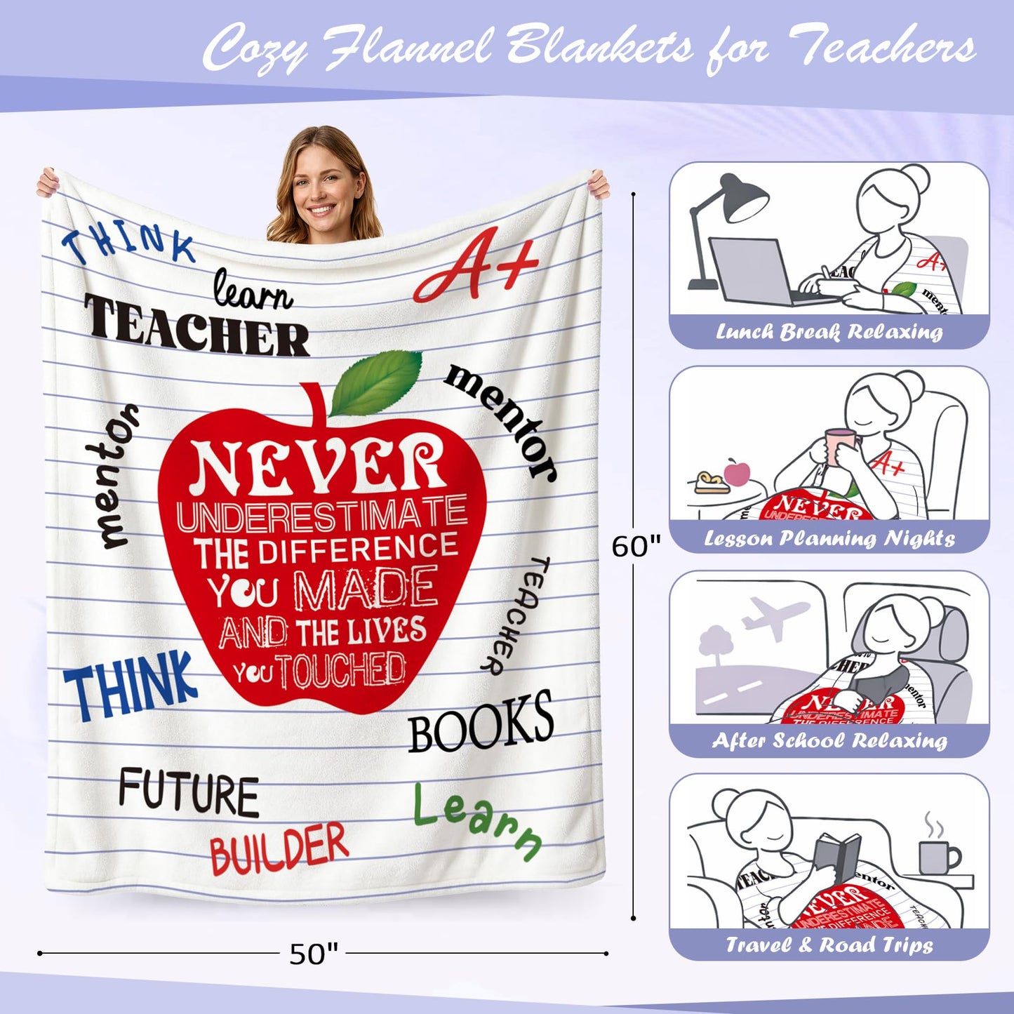 Teacher Appreciation Throw Blanket Thick 60''x50'' Extra Cozy Soft Heavyweight Fleece Couch Blanket Back to School Retirement Thank You Teacher Appreciation Gifts for Educators Tutors,1 Pack (Apple)