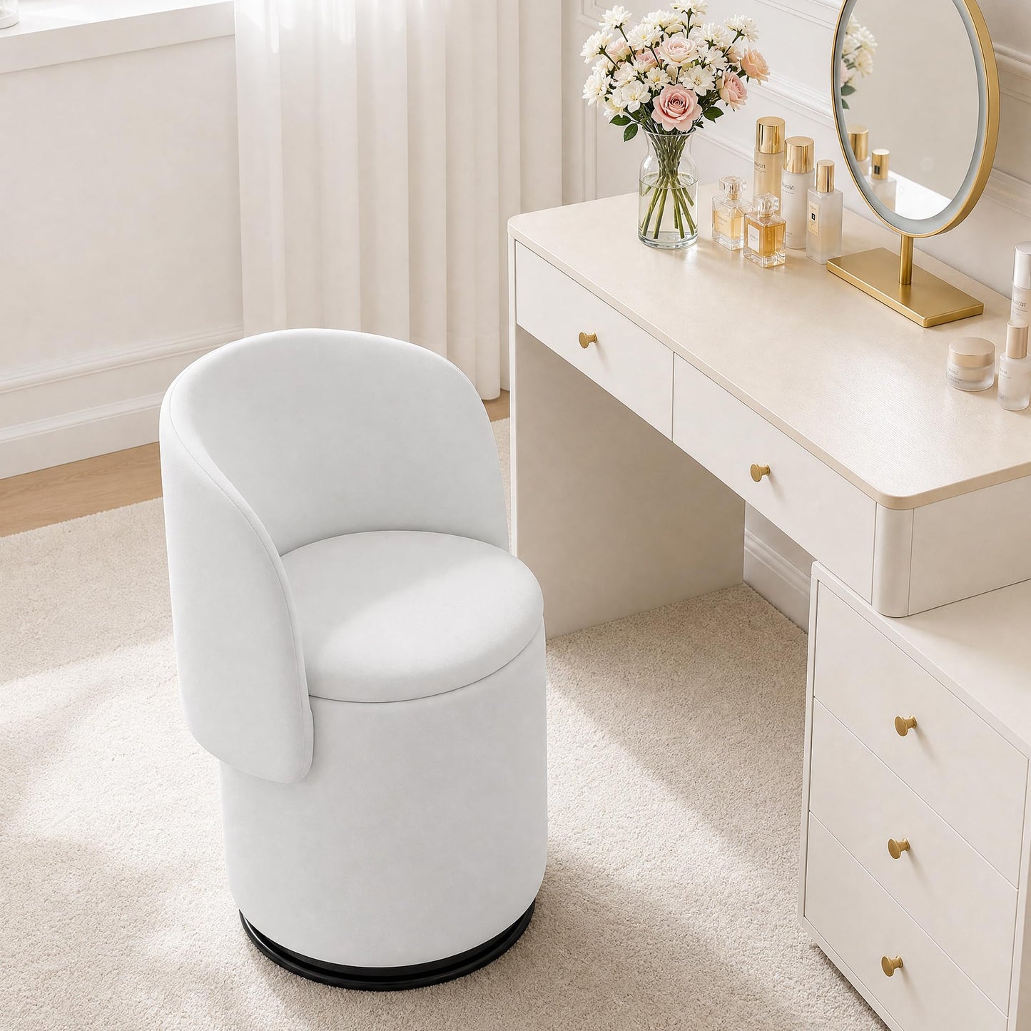 WOCFYK Makeup Vanity Chair with 360 Degree Swivel and Hidden Storage, Upholstered Barrel Accent Chair with Back, Matching Cat Bed Stool for Bedroom, Vanity Room, Living Room, White Velvet
