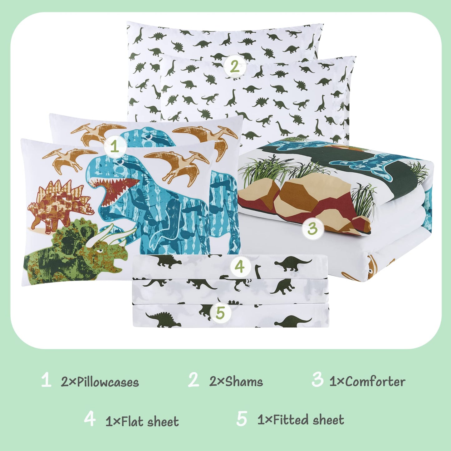 Kaleido Space Twin Kids Comforter Set - 5 Pieces Twin Bedding Sets for Boys Teen, Glow in The Dark Dinosaurs Bed in A Bag with Sheets