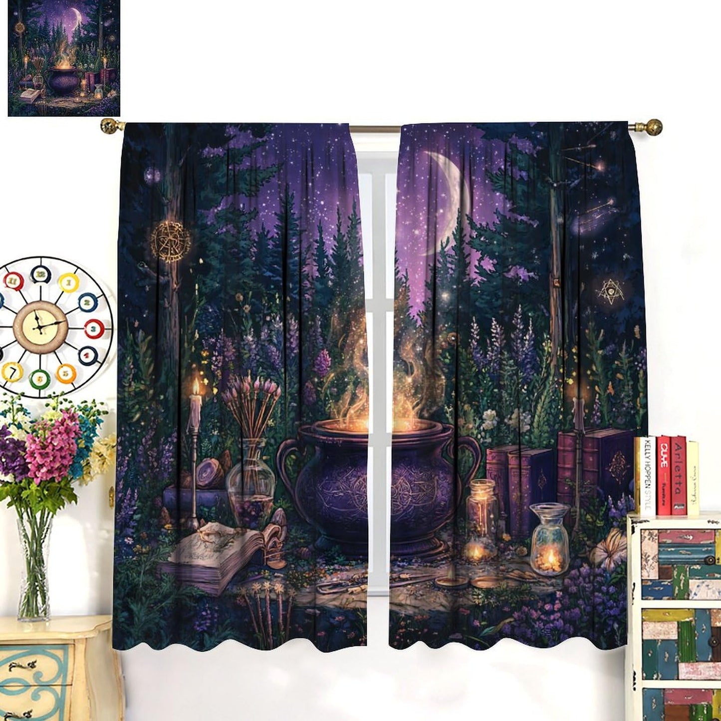 DIPQIMI Fantasy Flower Forest Blackout Curtains for Bedroom/Living Room, Magic Potion Moon Curtains Rod Pocket Thermal Insulated Window Drapes, 42W x 84L, 2 Panels
