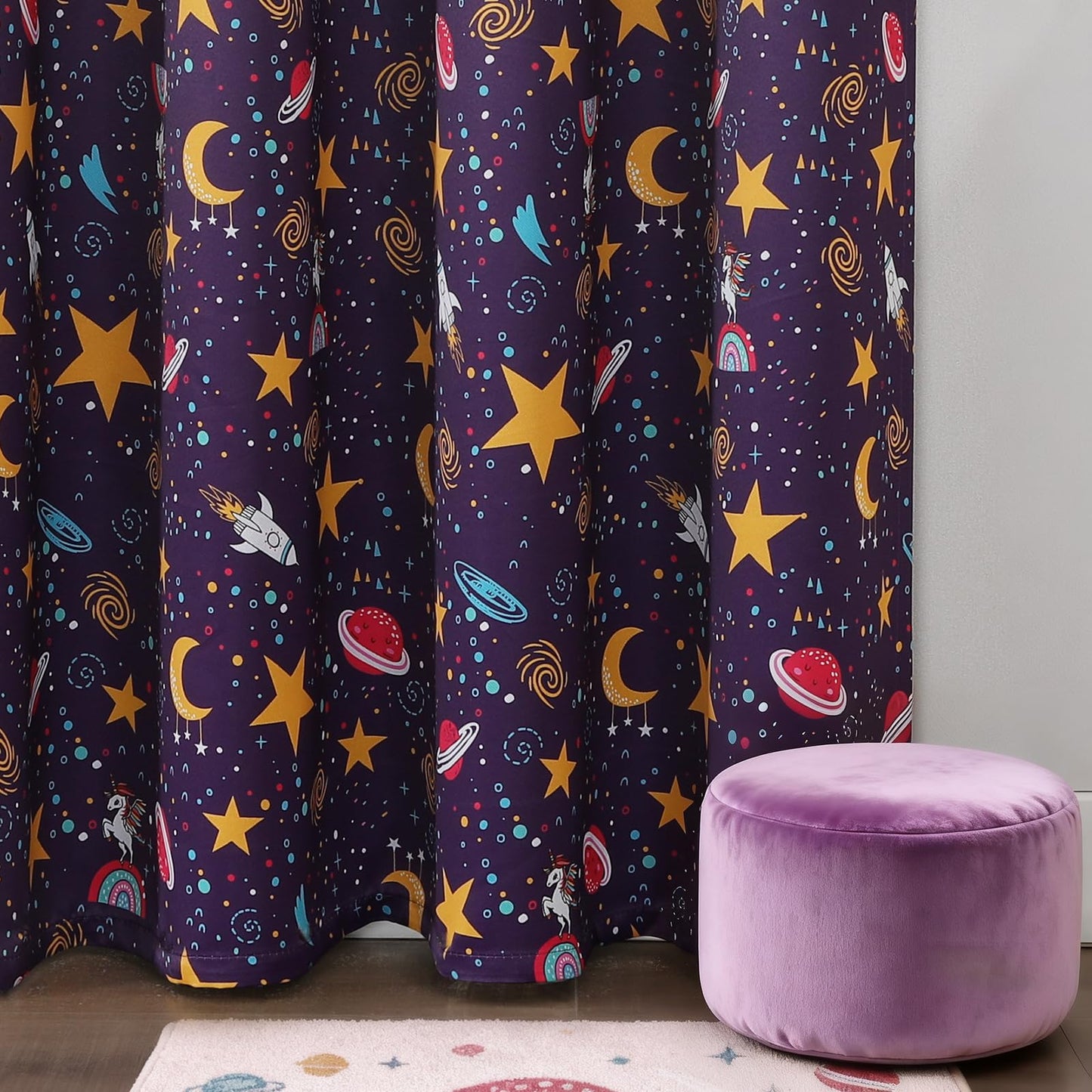 Estelar Textiler Unicorn & Rocket Theme Purple Blackout Curtains 72 Inch Long 2 Panel, Room Darkening Thermal Insulated Drapes for Nursery Bedroom, Star Moon Curtains Decor for Kids Room, 38x72 inch