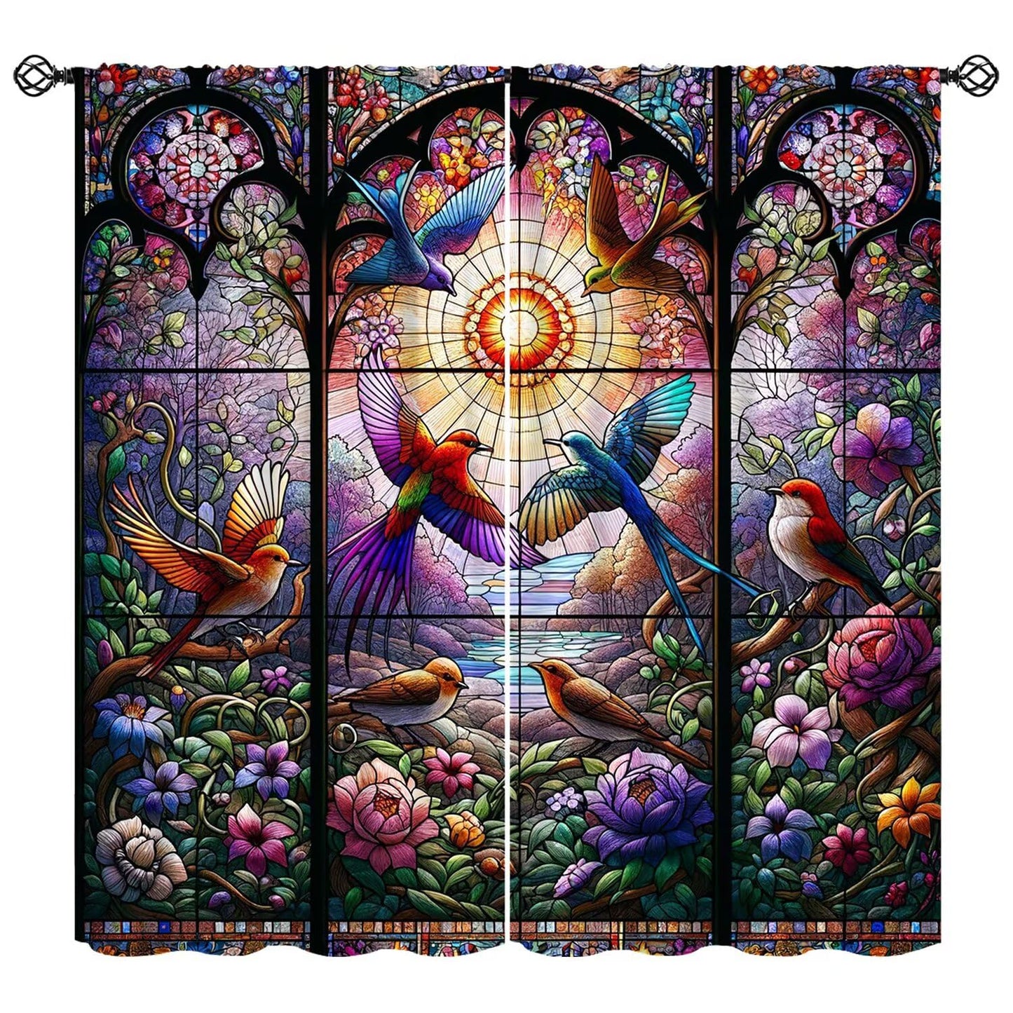 FengMingRui Hummingbird Stained Glass Curtains Nature Scenery Floral Flowers Bird Abstract Geometry Window Treatments for Kids Boys Girls Bedroom Living Room Window Drapes 42" W X 45" L