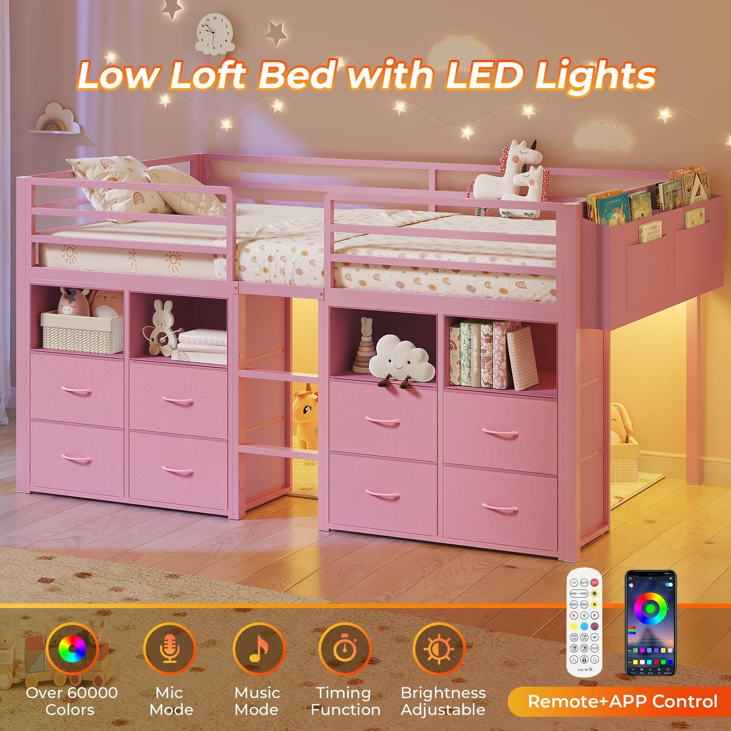 ADORNEVE Low Loft Bed Twin Size with 8 Storage Drawers, Twin Loft Bed with Bookcase and LED Lights, Metal Kids Loft Bed with 14" H Safety Guardrail, Under-Bed Play Space, No Box Spring Needed, Pink