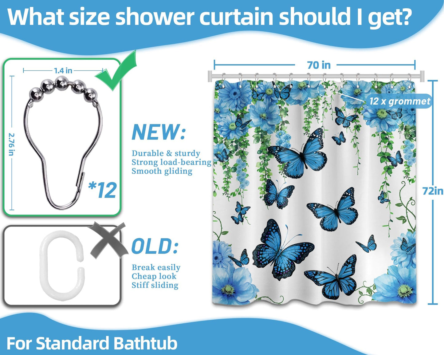 Pdvbiee Blue Butterfly Flower Shower Curtain, 70 X 72 Inch