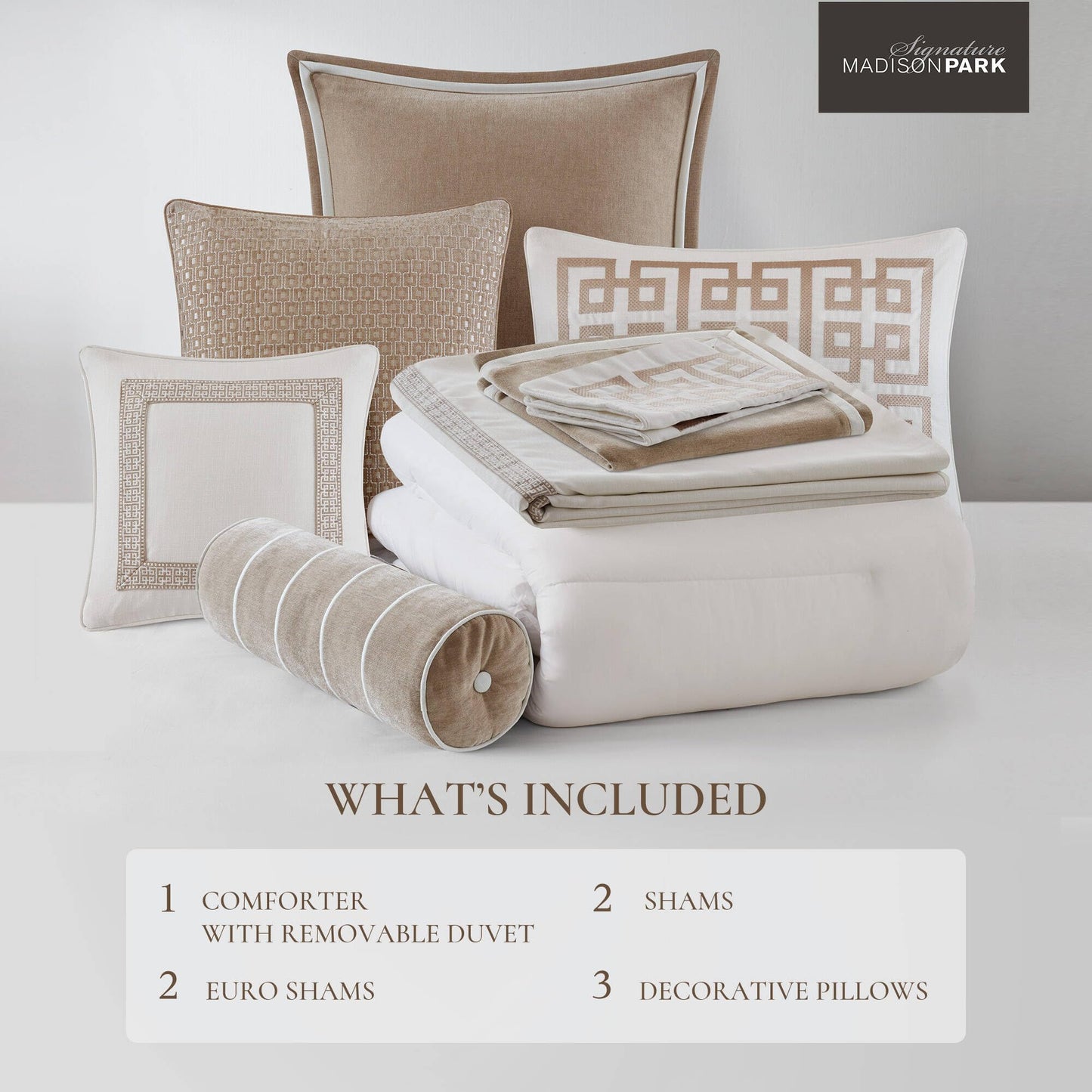 Madison Park Signature Oversized Queen Comforter Set, Luxury Hotel Style Bedding with Embroidered Details, All Season Down Alternative Comforter, Matching Shams&Decorative Pillows, Tan/Ivory, 8 Piece