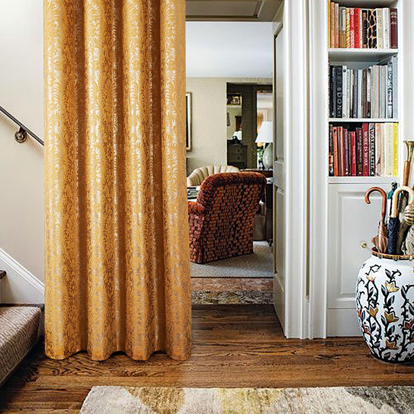 always4u 100% Blackout Damask Foil Print Yellow and Gold Ridged Velvet Curtains 95 Inches Long Drapes 2 Panels Shiny Metallic Window 54 * 95 Inches