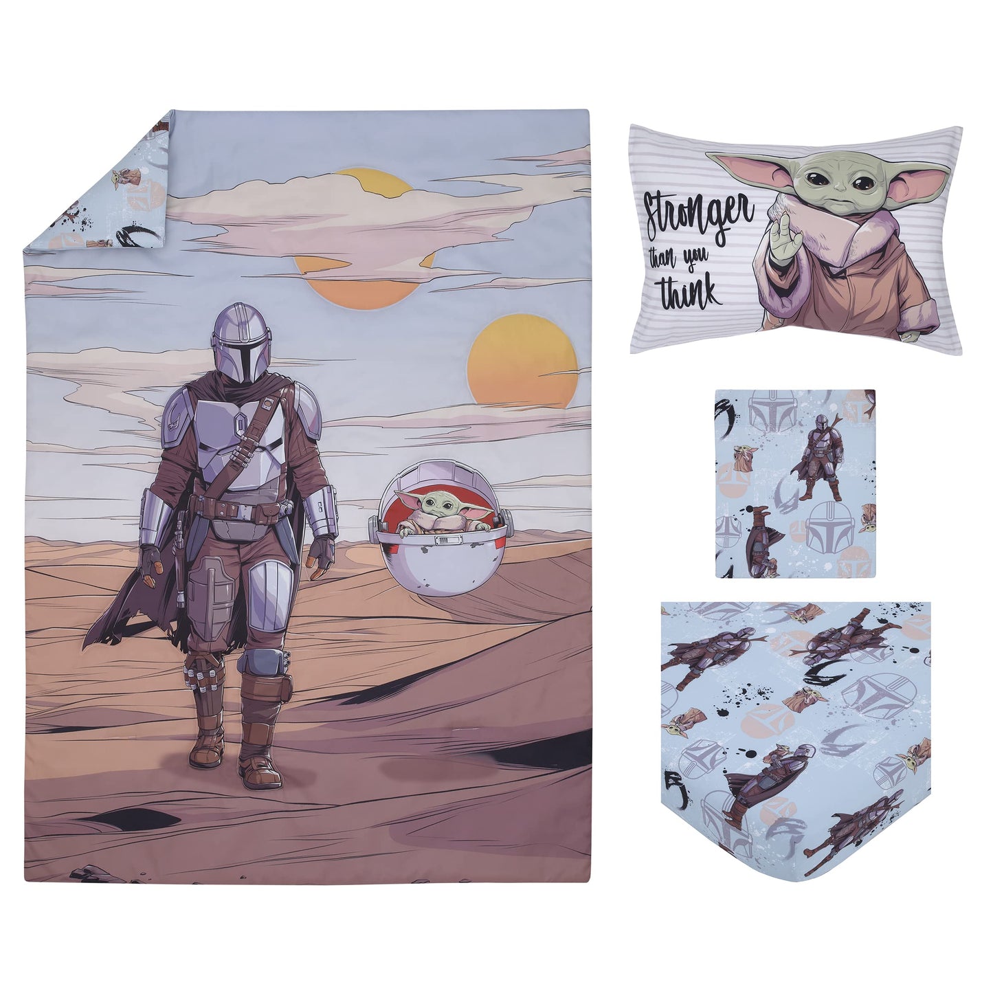 Disney Star Wars The Mandalorian Grey, Tan and Blue 4 Piece Toddler Bed Set - Comforter, Fitted Bottom Sheet, Flat Top Sheet, and Reversible Pillowcase