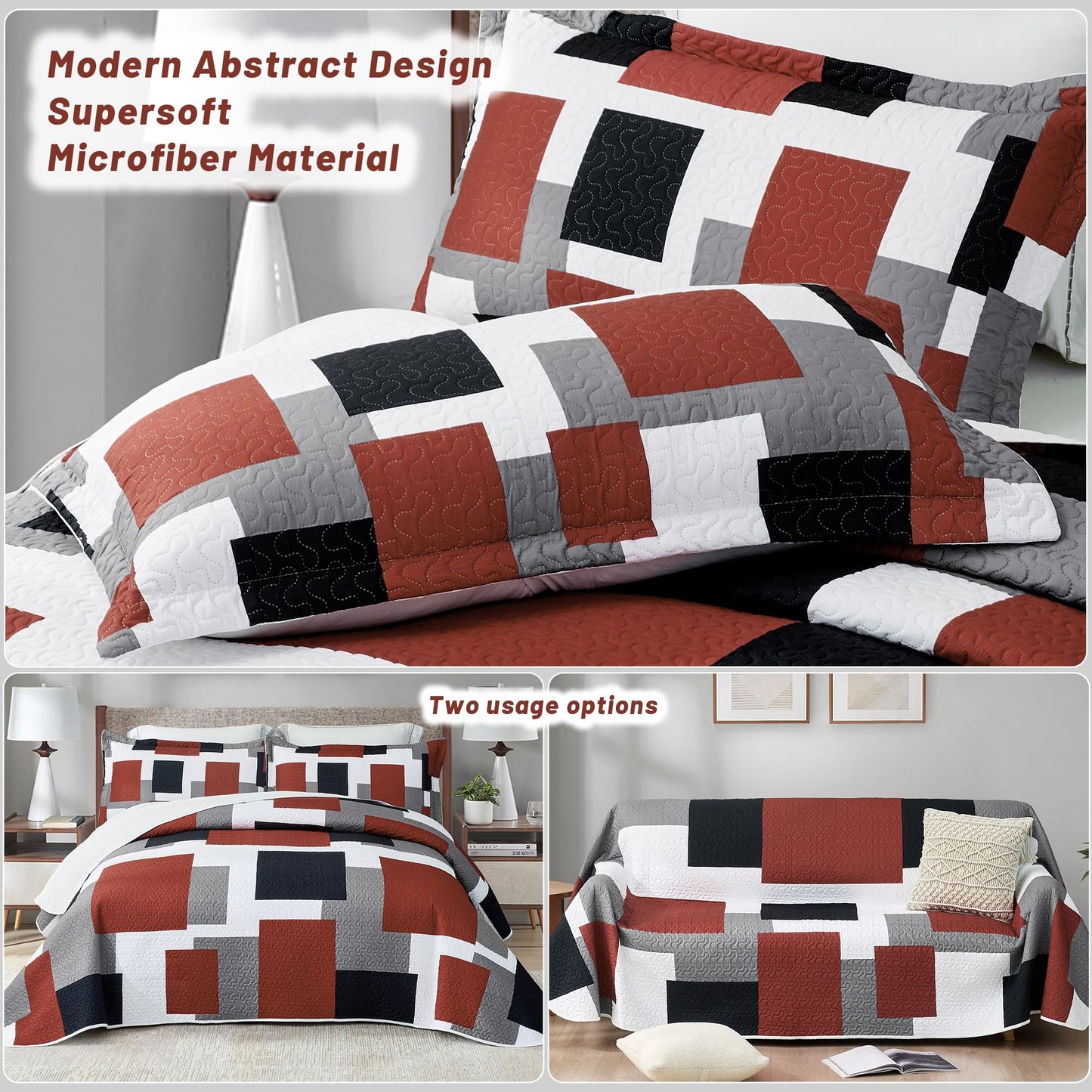 Tyrot 3 Piece Burnt Orange Grey Quilt Set King Size Black White Gray Geometric Reversible Bedding Set Microfiber Lightweight Bedspread Coverlet with 2 Shams Bed Covers for All Season, 106''x96''