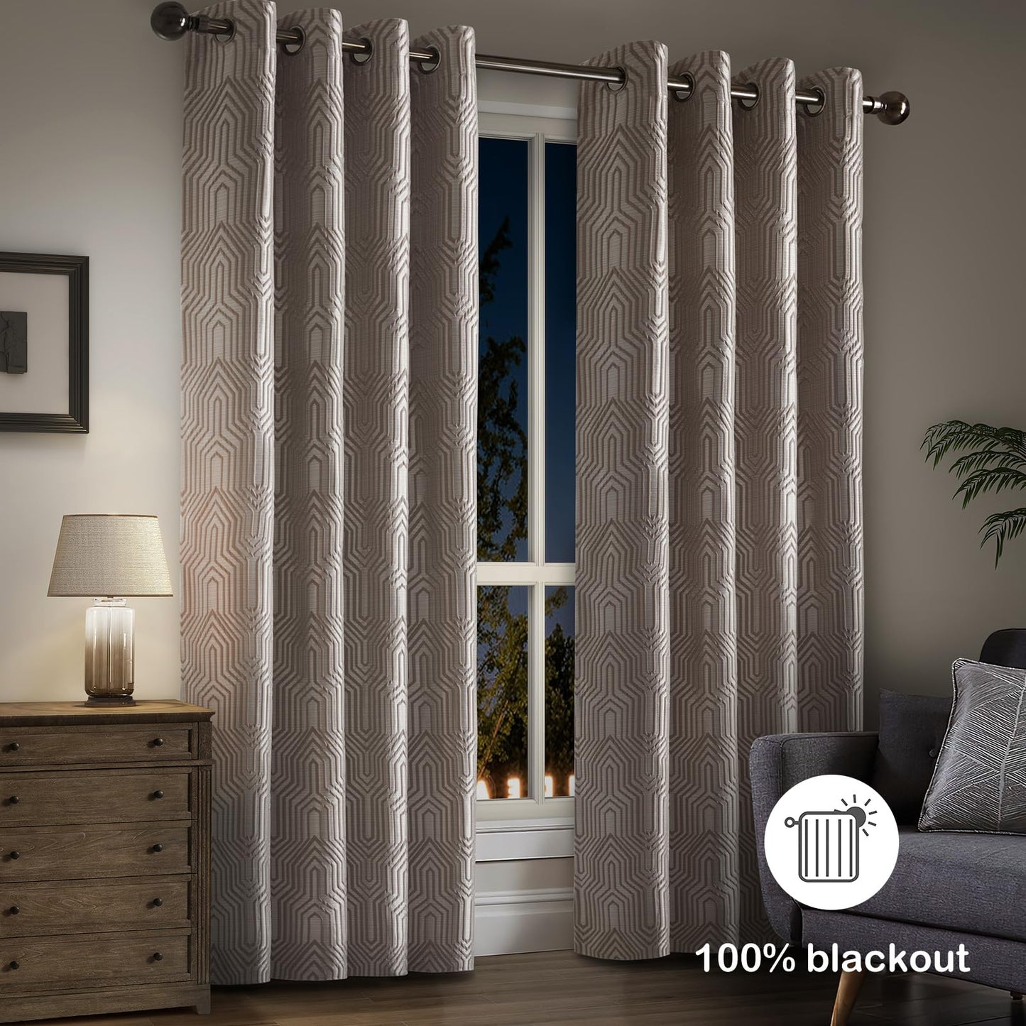 Drapexpert Mocha and Silvery 100% Blackout Curtains 96 Inch Length 2 Panels, Jacquard Thermal Insulated Noise Reducing Grommet Drapes for Bedroom Living Room, 2pcs, 52" W x96 L