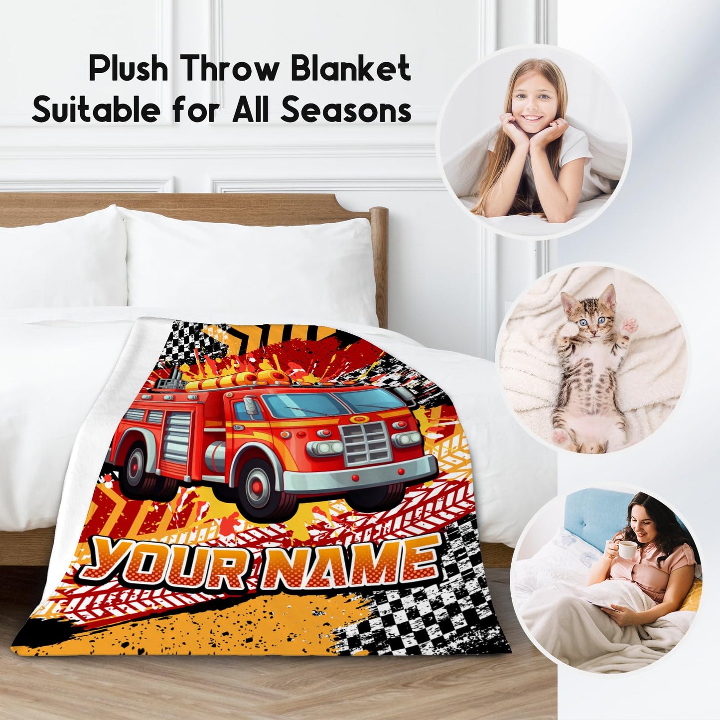 Toddler Boy Blanket, Fire Truck Blankets for Kids, Personalized Gifts for Boys, Cozy Soft Throws for Bedding, 4 Size