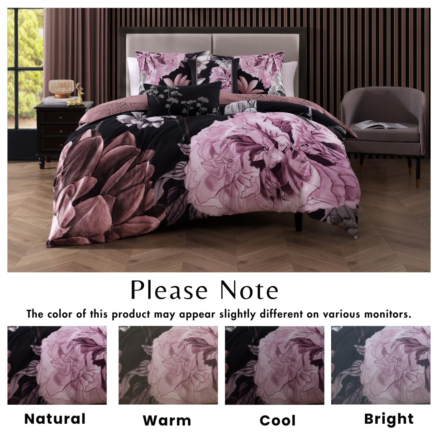 Bebejan Midnight Meadow 5 Piece Comforter Set, 100% Cotton Sateen, 220 Thread Count, Black Reversible Bedding Comforter Set, 1 Comforter, 2 Shams & 2 Pillows (King/Cal King)