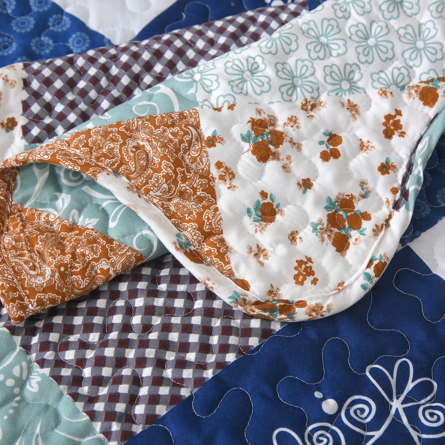 Dinjoy Reversible Patchwork Quilt Bedding Set Queen Size Blue Green Grey Plaid Floral Pattern Bedspread Set Soft Microfiber Coverlets Bed Set 3 Pieces Spring Summer All Season Use