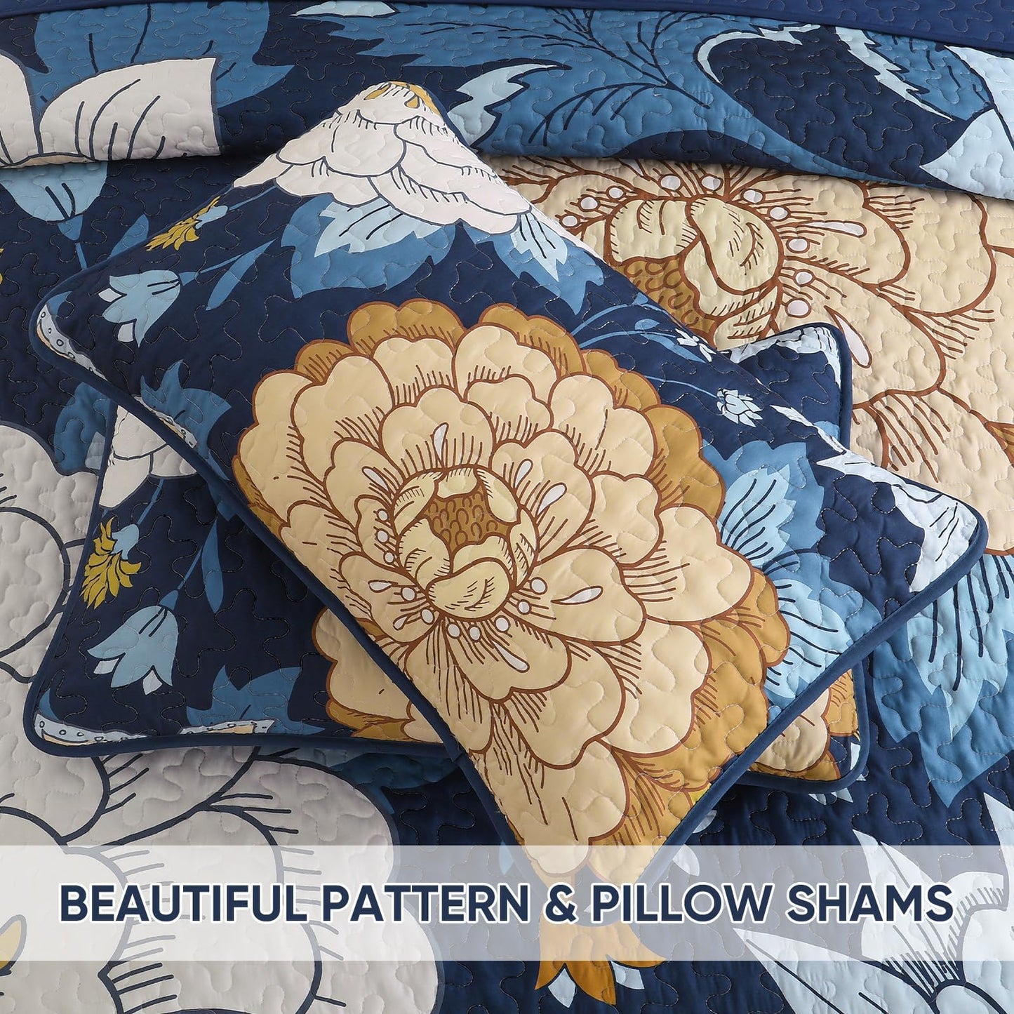 DJY Navy Floral Quilt Set Queen Size Boho Bedspread Coverlet Set, 3 Piece Botanical Quilt Soft Microfiber Blue Floral Bohemian Bedding Set with 2 Pillowcases for All Season, 96''x90''