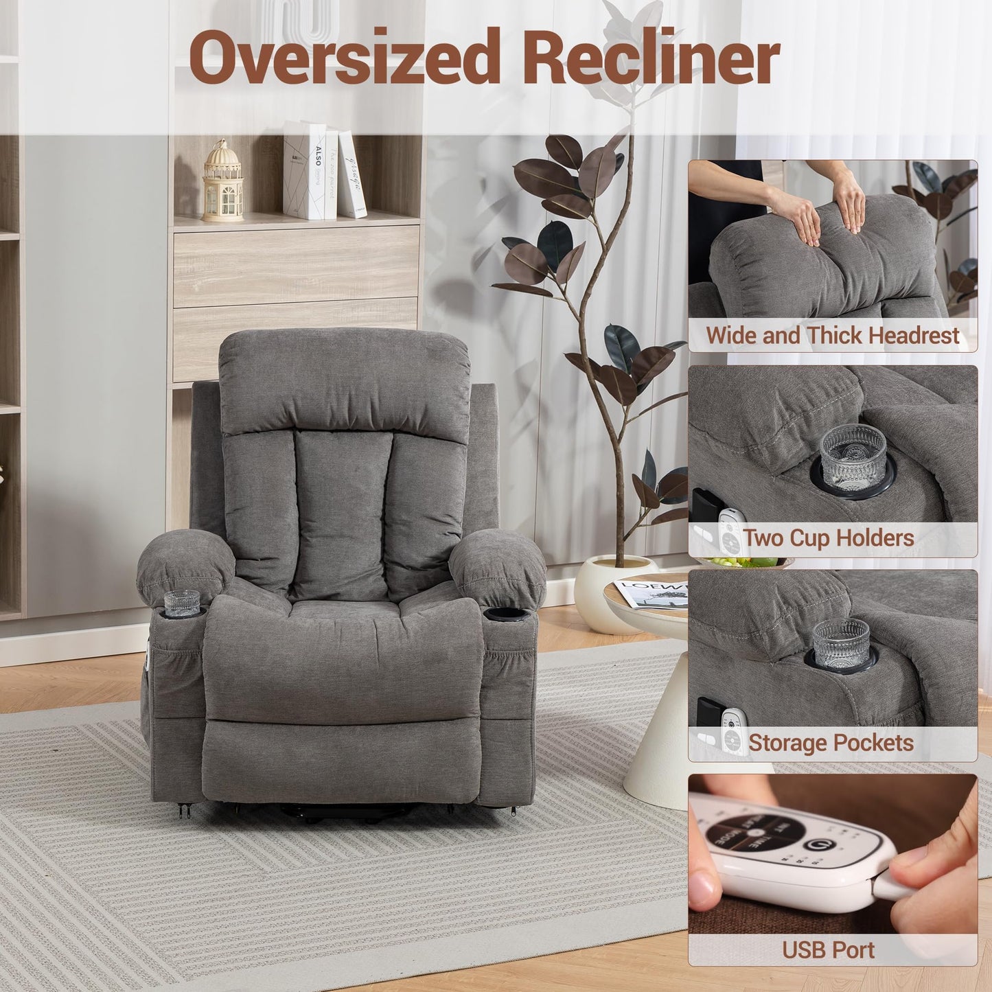WENTUM Lift Chair for Elderly with 8 Vibration Points Massage and Heat, Power Electric Recliner Featuring Cup Holders Side Pockets & USB Charge Port for Living Room, Grey