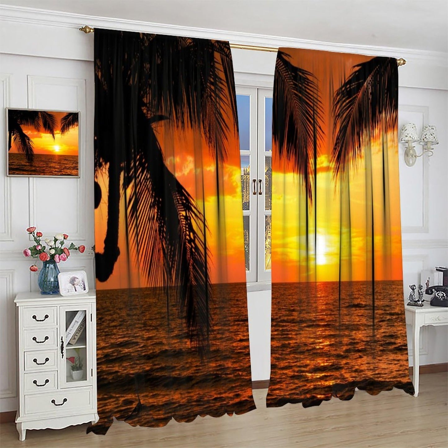 Focusbrite Tropical Ocean Sunset Window Curtains,Sea Beach Seaside Palm Tree Dusk Nature Scenery Print Decor Home Apartment Bedroom Living Room Set 2 Panels,42x45 Inches