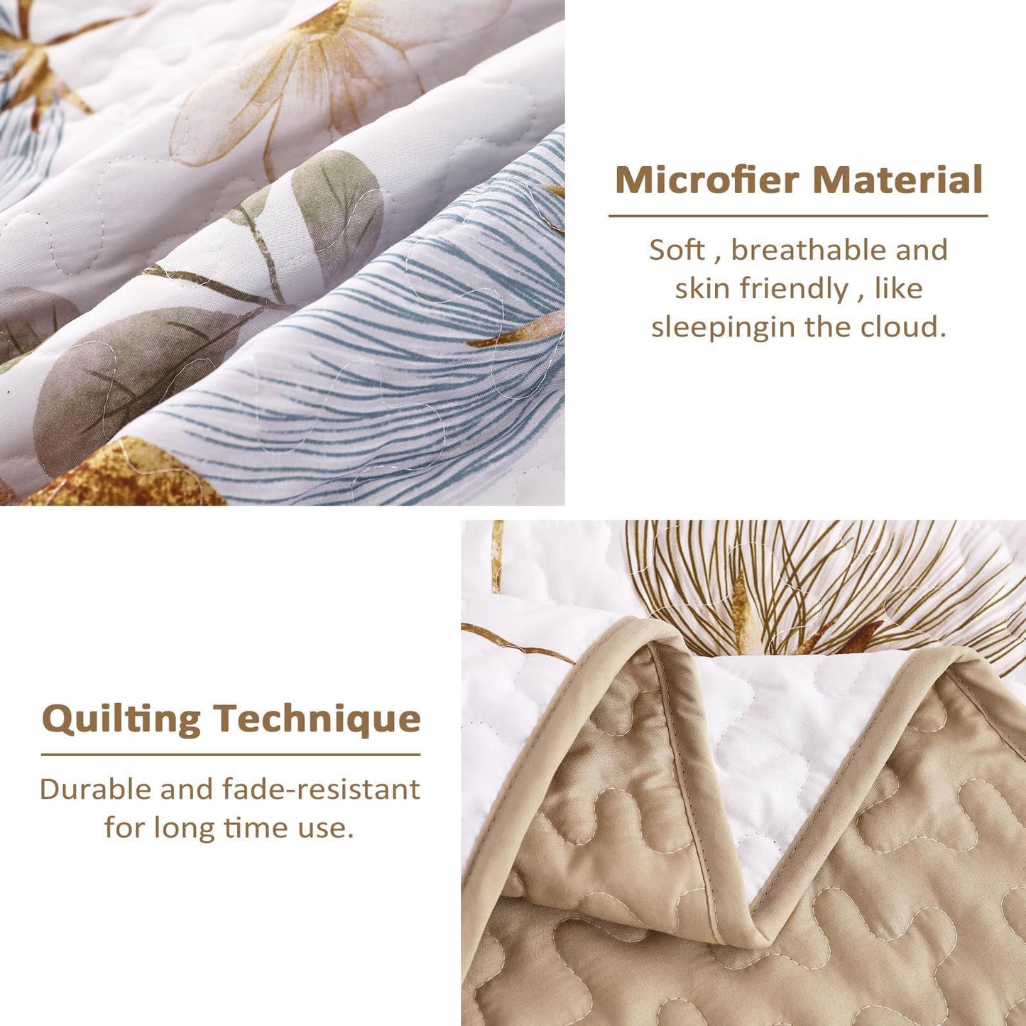 Dinjoy Floral Quilt Set Queen,Beige/Khaki Bedspread Queen Size 3 Pieces Lightweight Fall Quilts Microfiber Farmhouse Bedding Set Soft Flower Bedspreads White Coverlet Sets for All Seasons