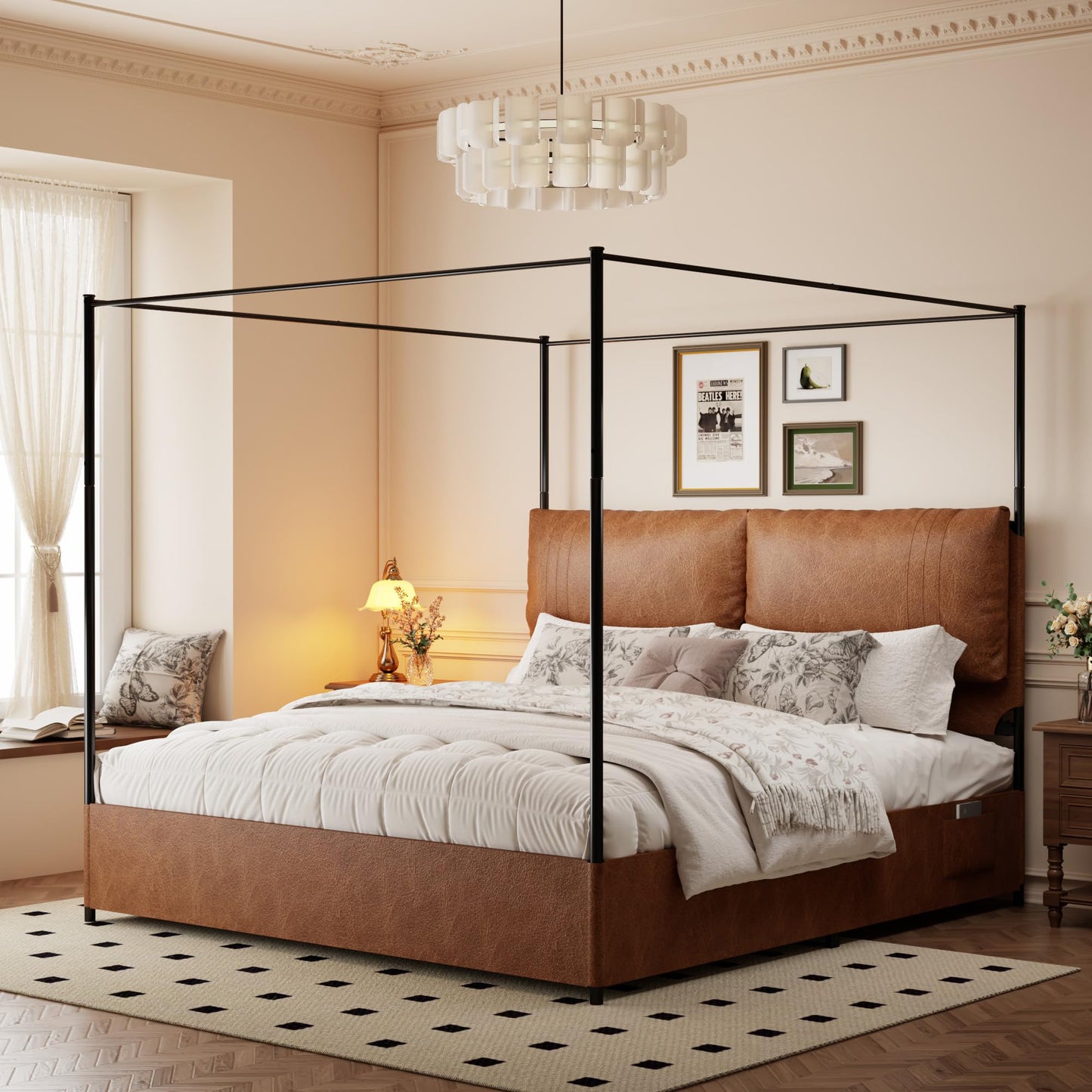 madeslves King Size Upholstered Canopy Bed Frame with Headboard, Heavy Duty Metal Slats Support, No Box Spring Needed, Easy Assembly, Brown