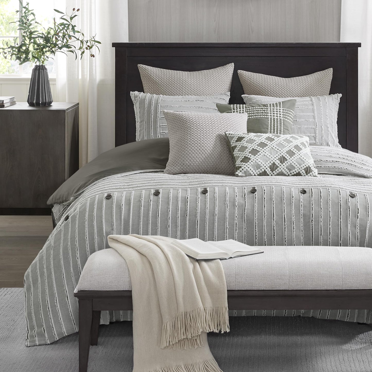 Madison Park King Comforter Set, Removable 100% Cotton Duvet Cover King Size with Insert, Farmhouse Bedding, Textured Stripe Clipped Jacquard Accent, King, Grey 9 Piece