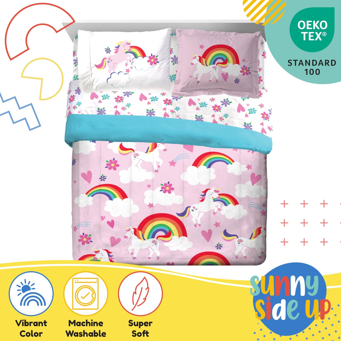 Sunny Side Up Rainbow Unicorns Full Comforter Set - 7 Piece Kids Bedding Includes Comforter, Sheets & Pillow Cover - Super Soft Pink Floral Microfiber Bed Set